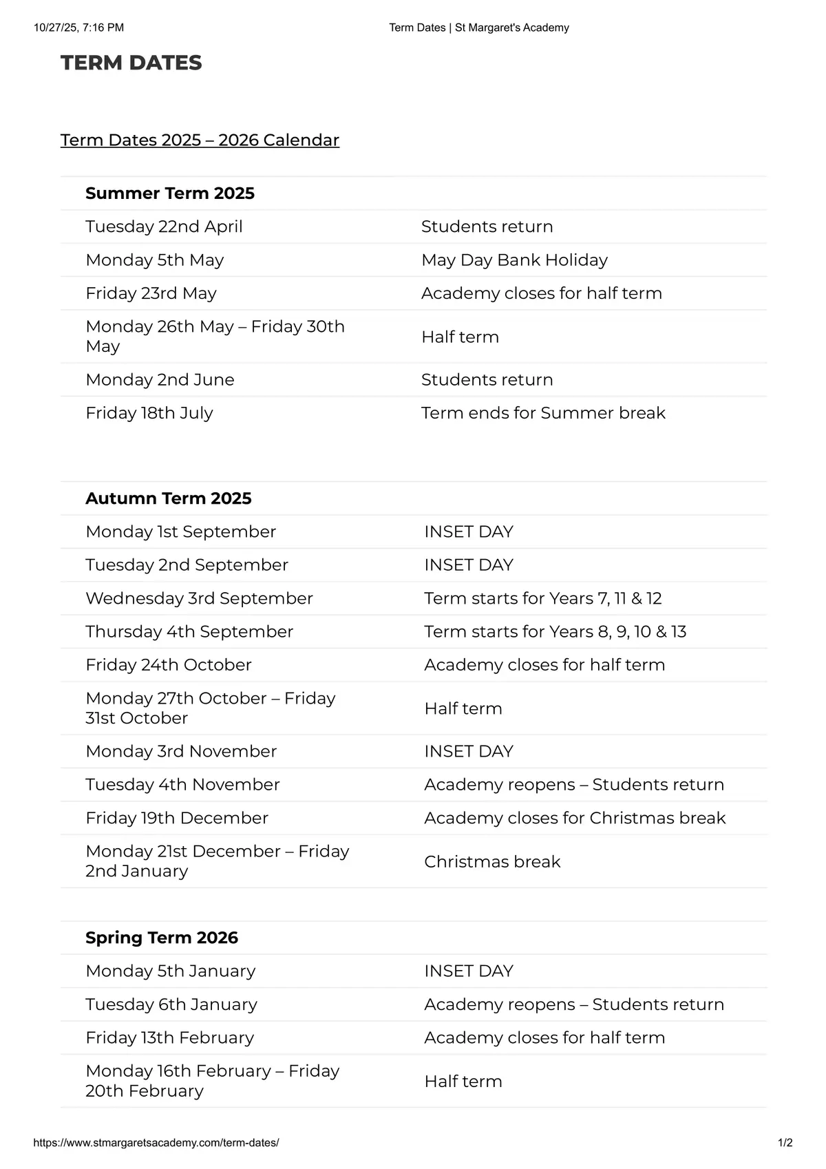 St Margaret's Academy term dates