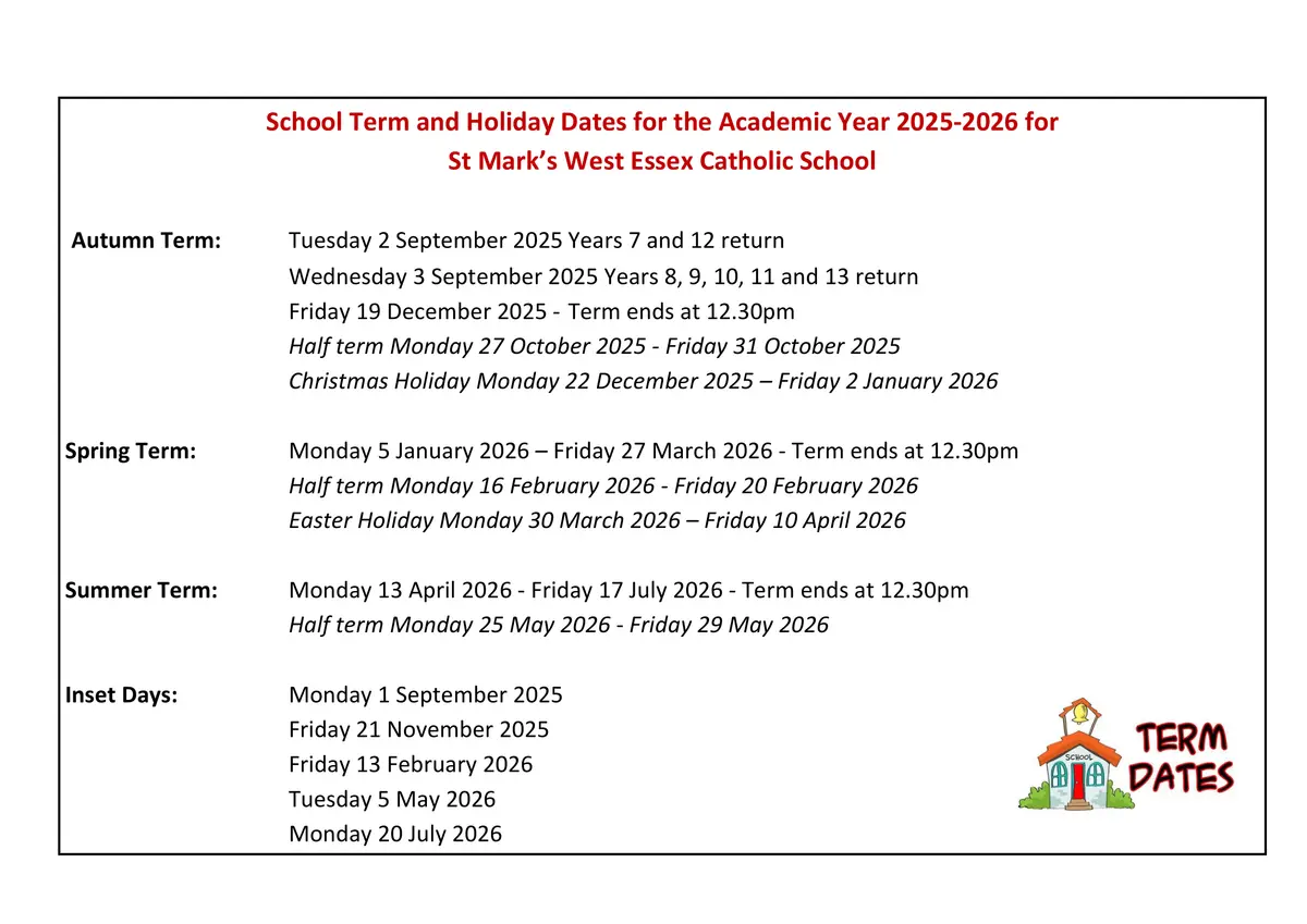 St Mark's West Essex Catholic School term dates