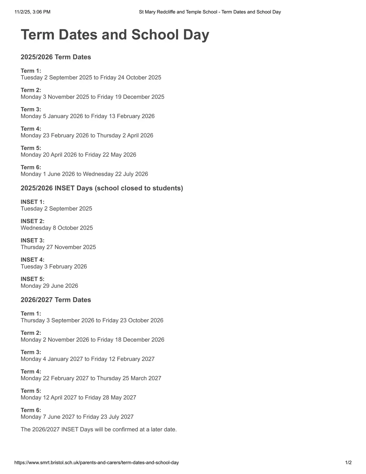 St Mary Redcliffe and Temple School term dates