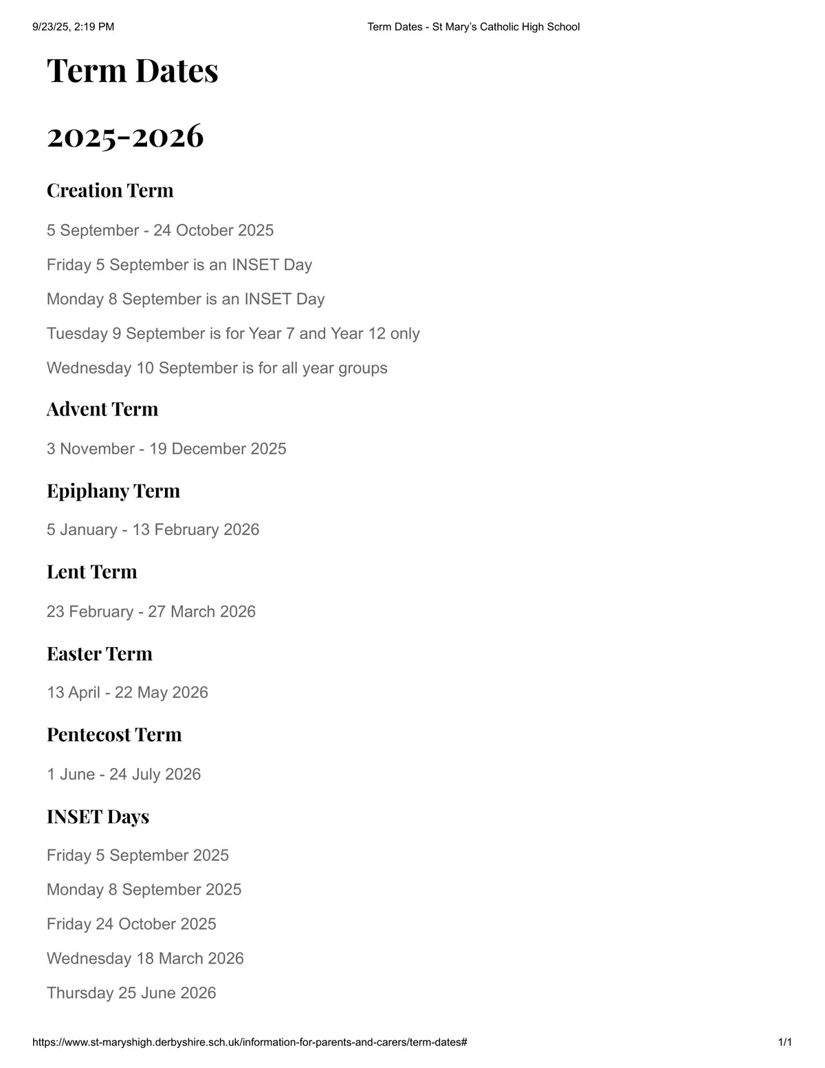 St Mary's Catholic High School term dates