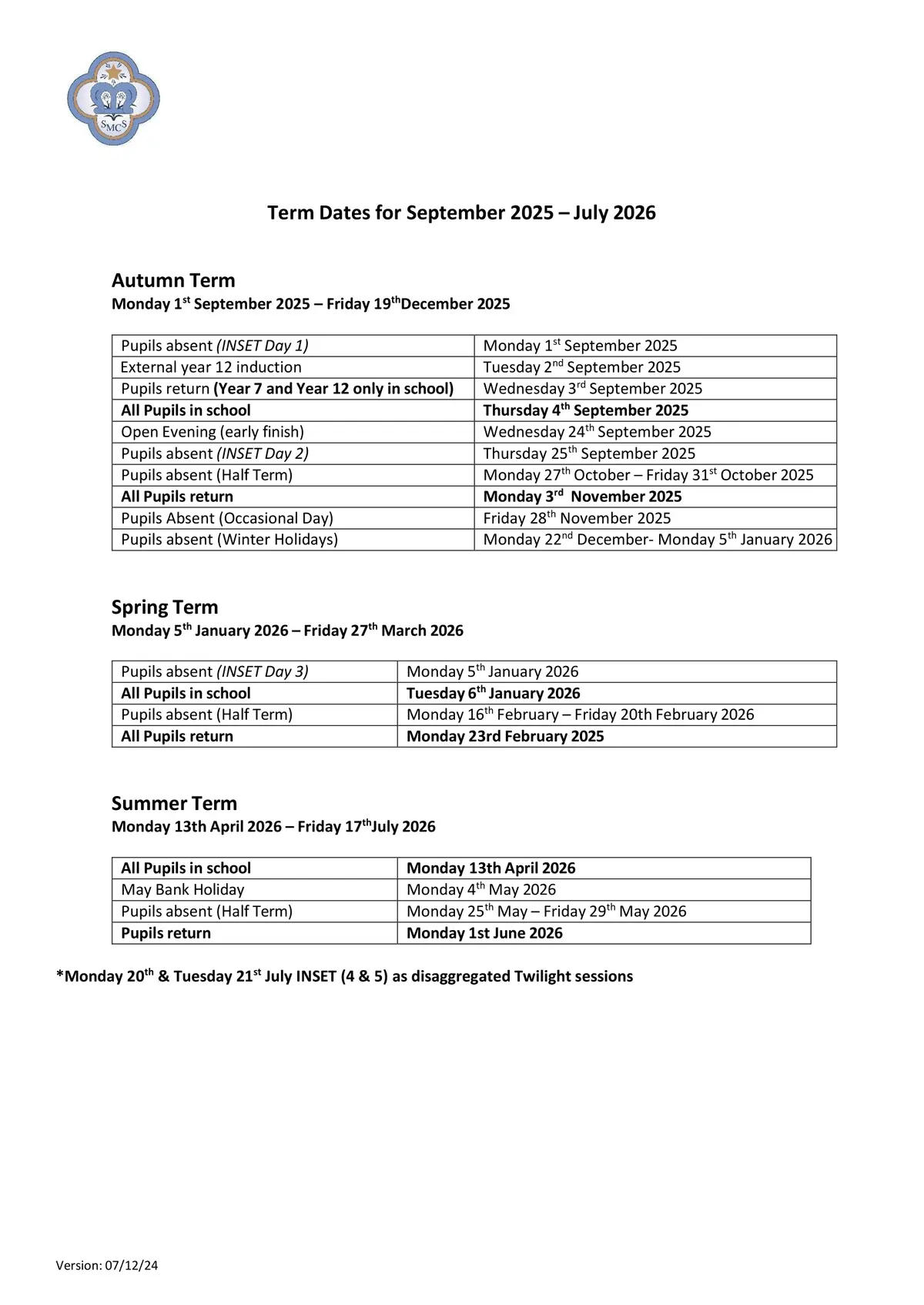 St Mary's Catholic School term dates