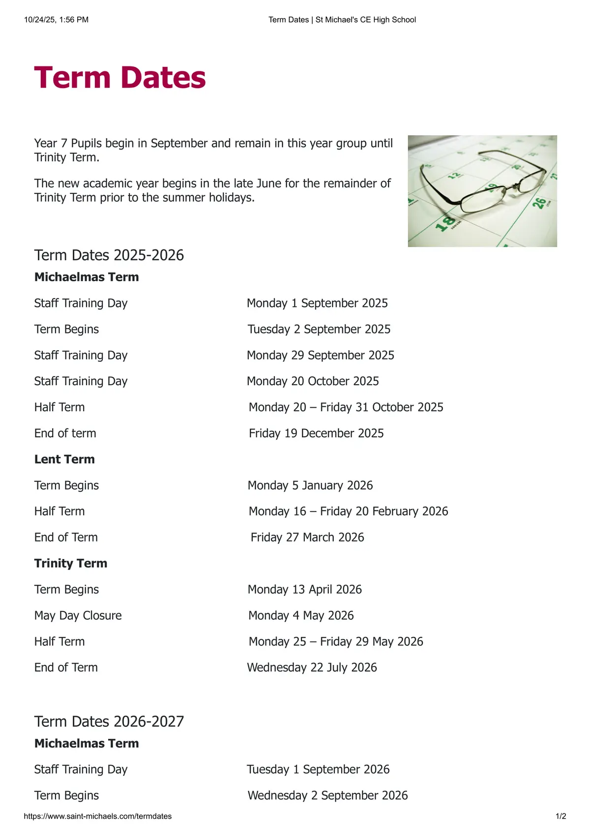 St Michael's Church of England High School term dates