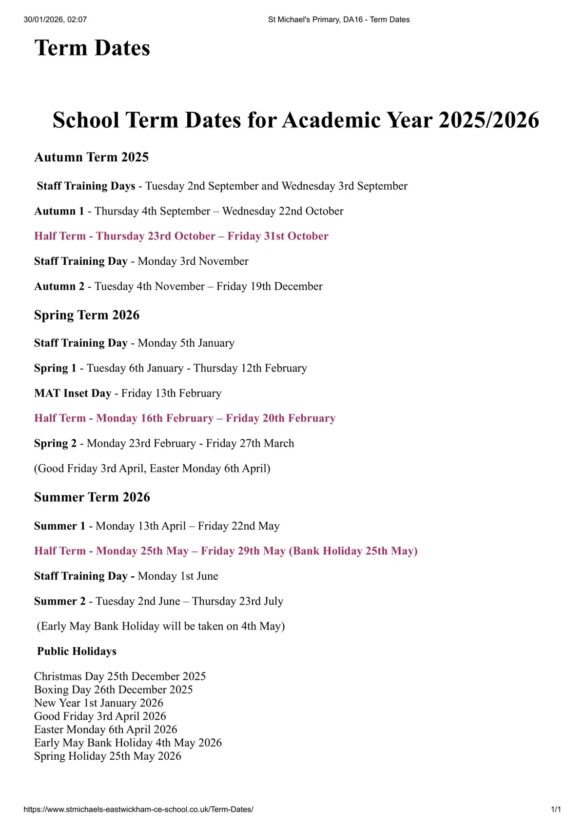 St Michael's Catholic Primary School term dates