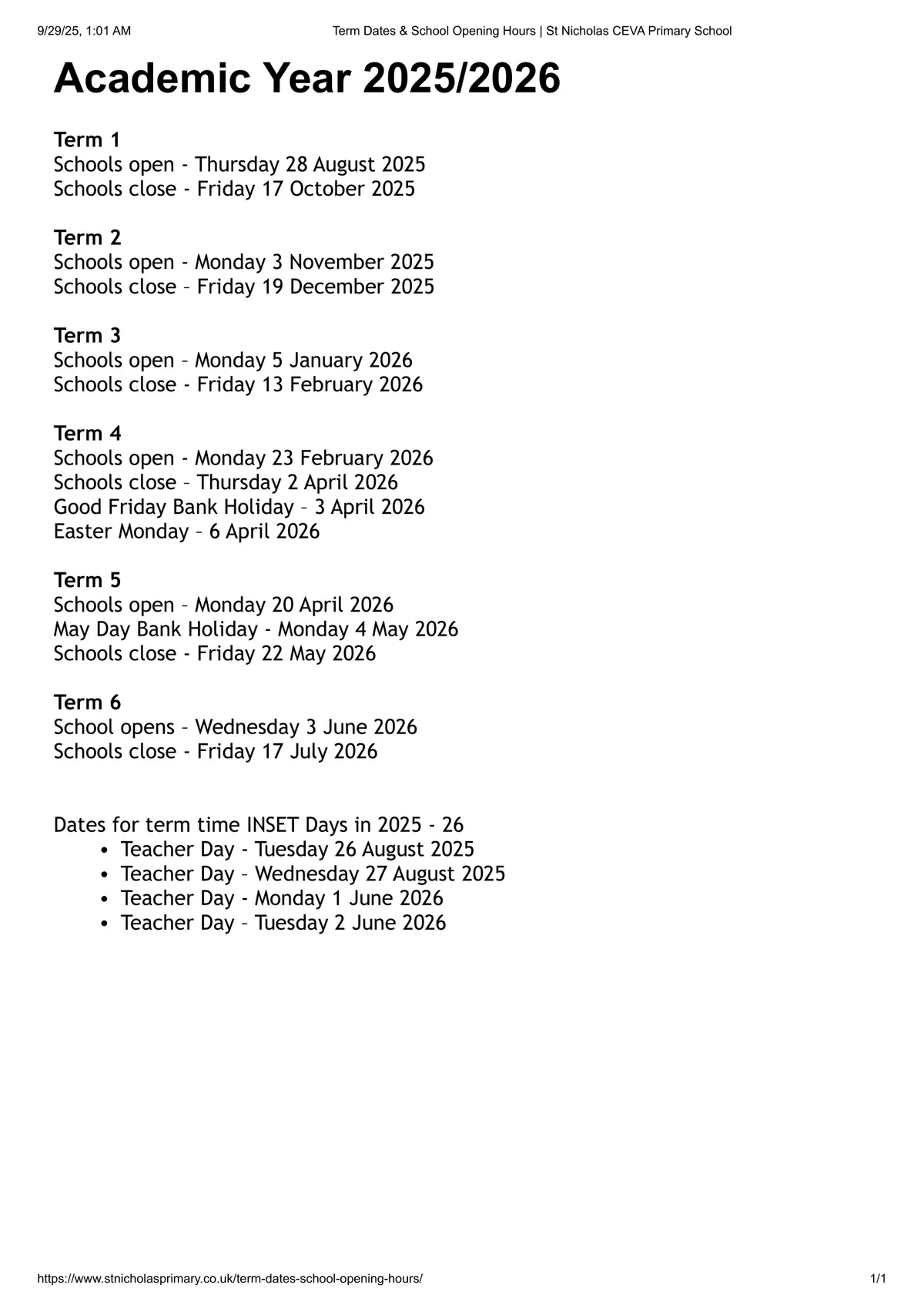 St Nicholas C.I.W. Primary term dates