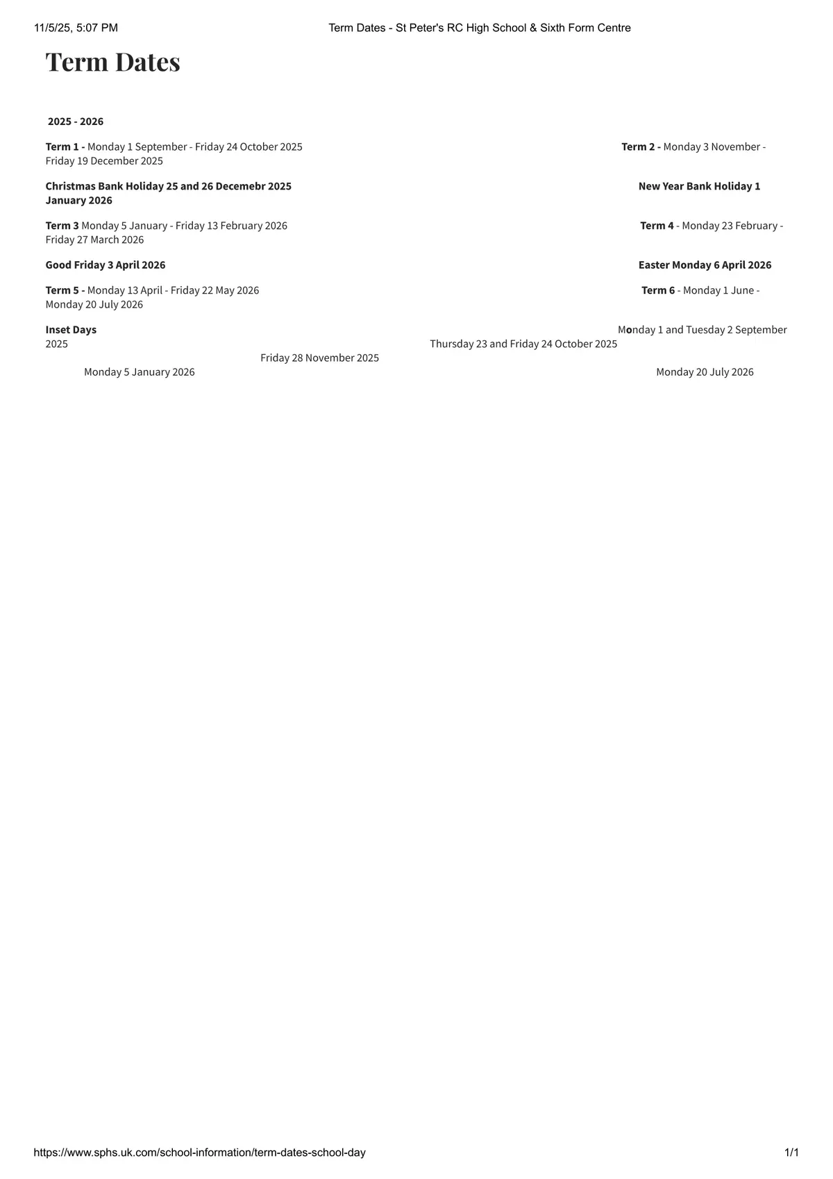 St Peter's RC High School term dates
