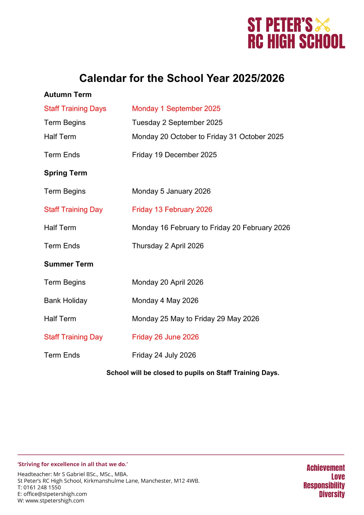 St Peter's RC High School term dates