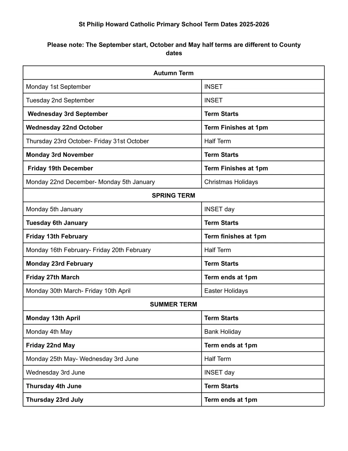 St Philip Howard Catholic Primary School term dates