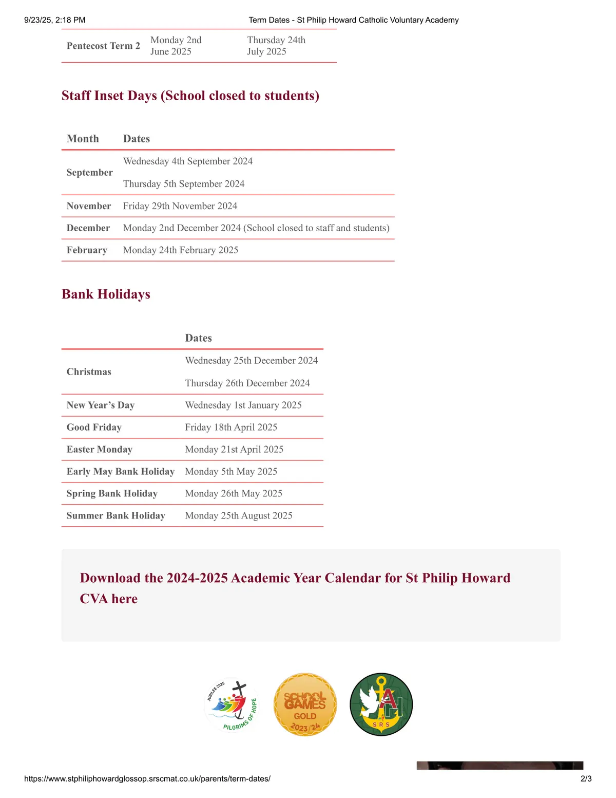 St Philip Howard Catholic Voluntary Academy term dates