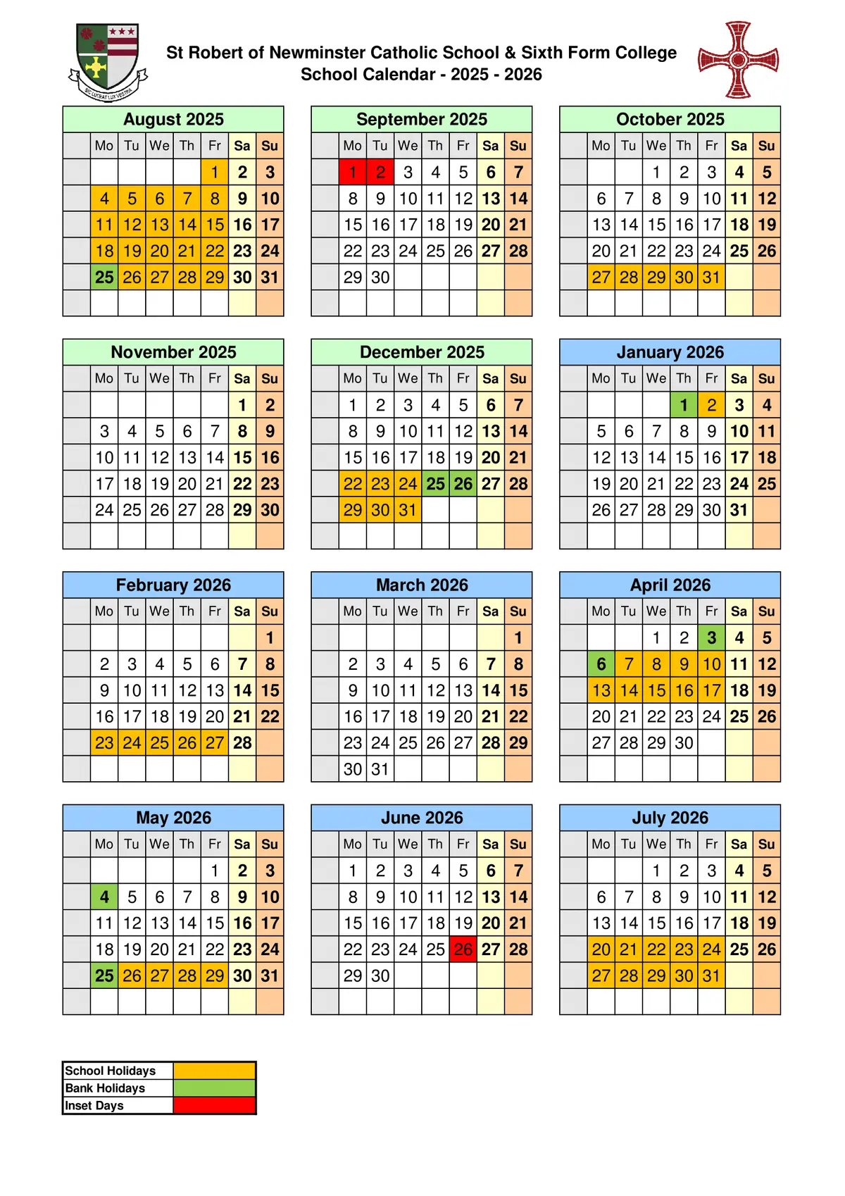 St Robert of Newminster Catholic School and Sixth Form College, Washington term dates