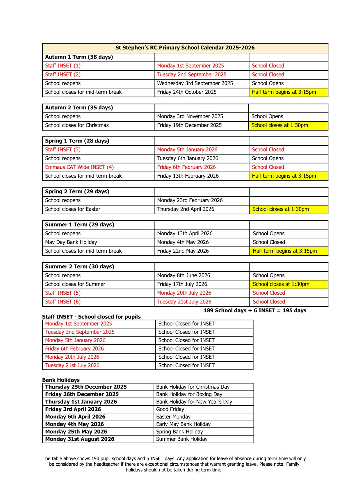St Stephen's Primary School term dates