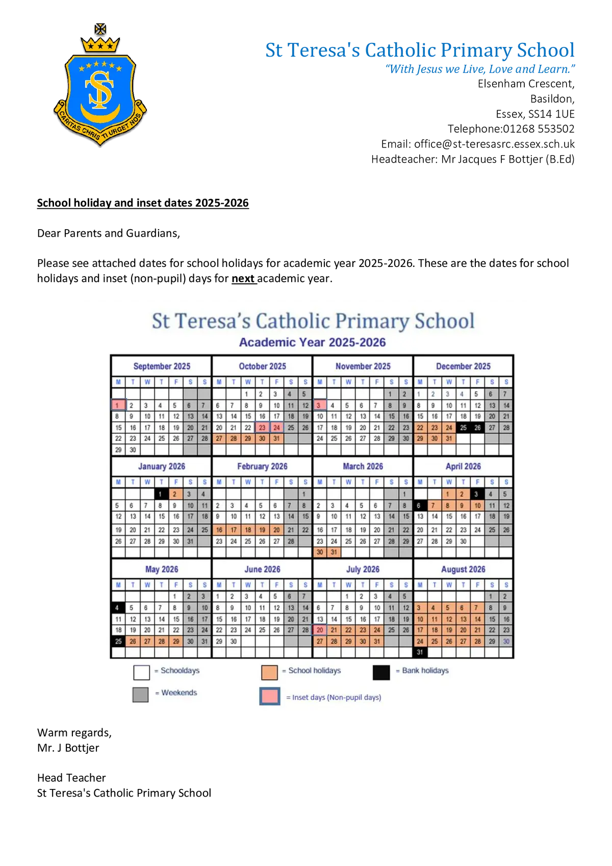 St Teresa's Catholic Primary School term dates