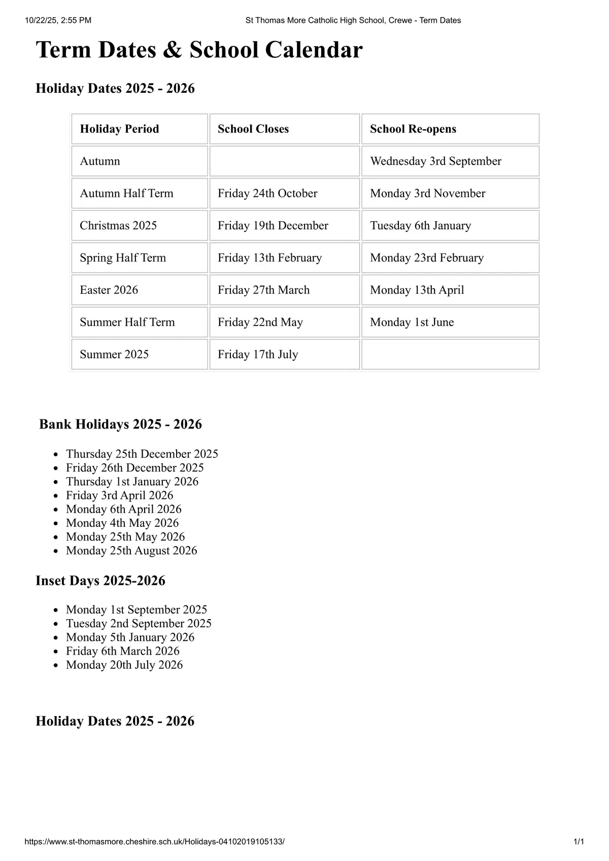 St Thomas More Catholic High School term dates