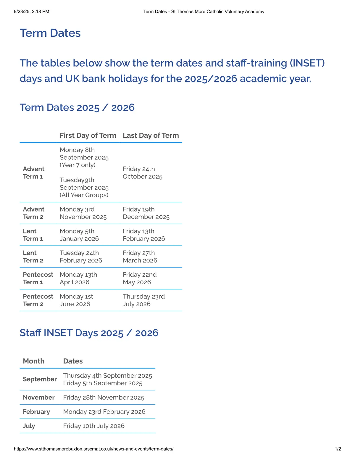 St Thomas More Catholic Voluntary Academy term dates