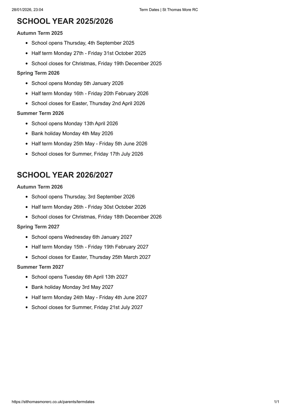 St Thomas More Catholic Academy term dates