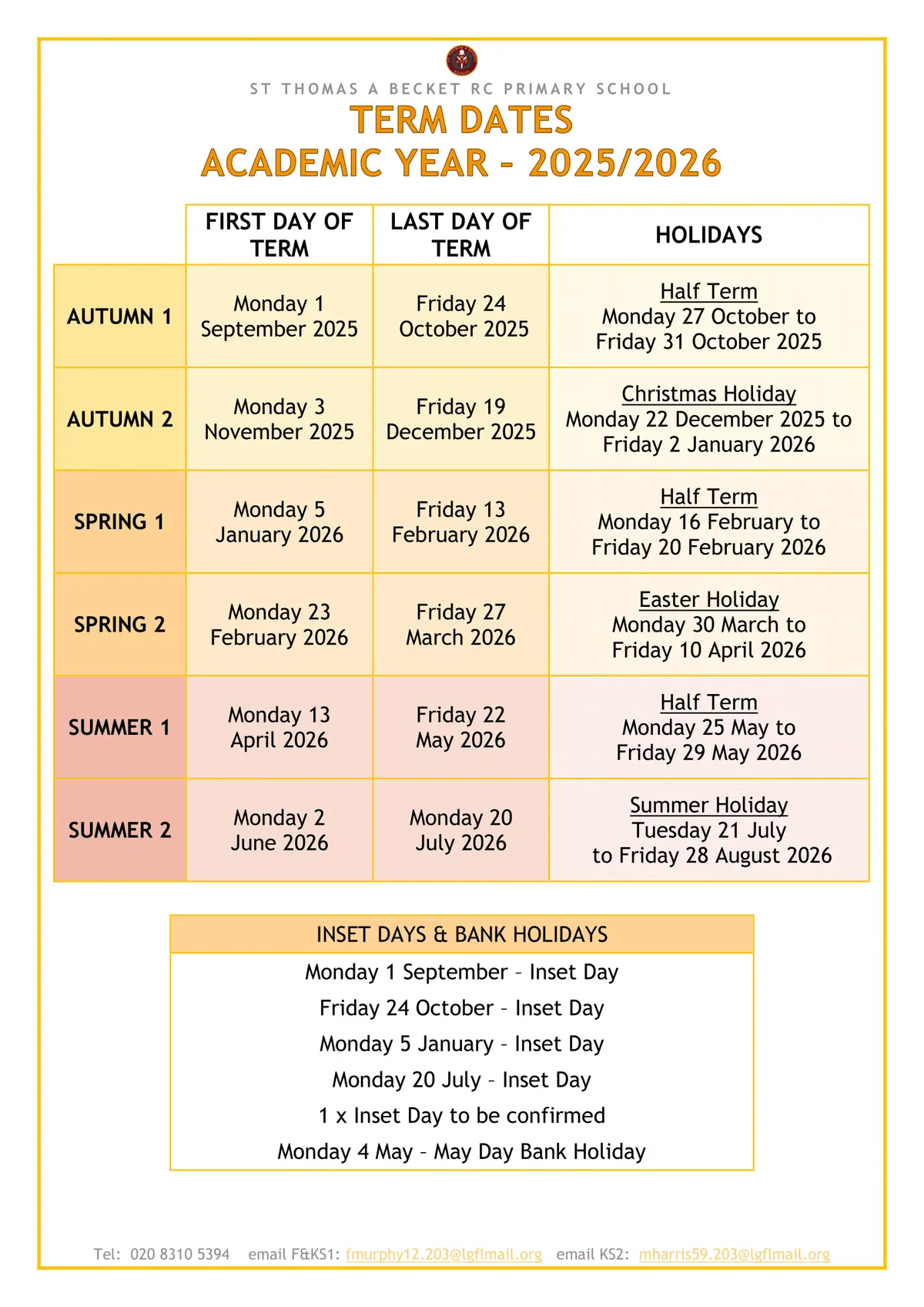 St Thomas A Becket Catholic Primary School term dates