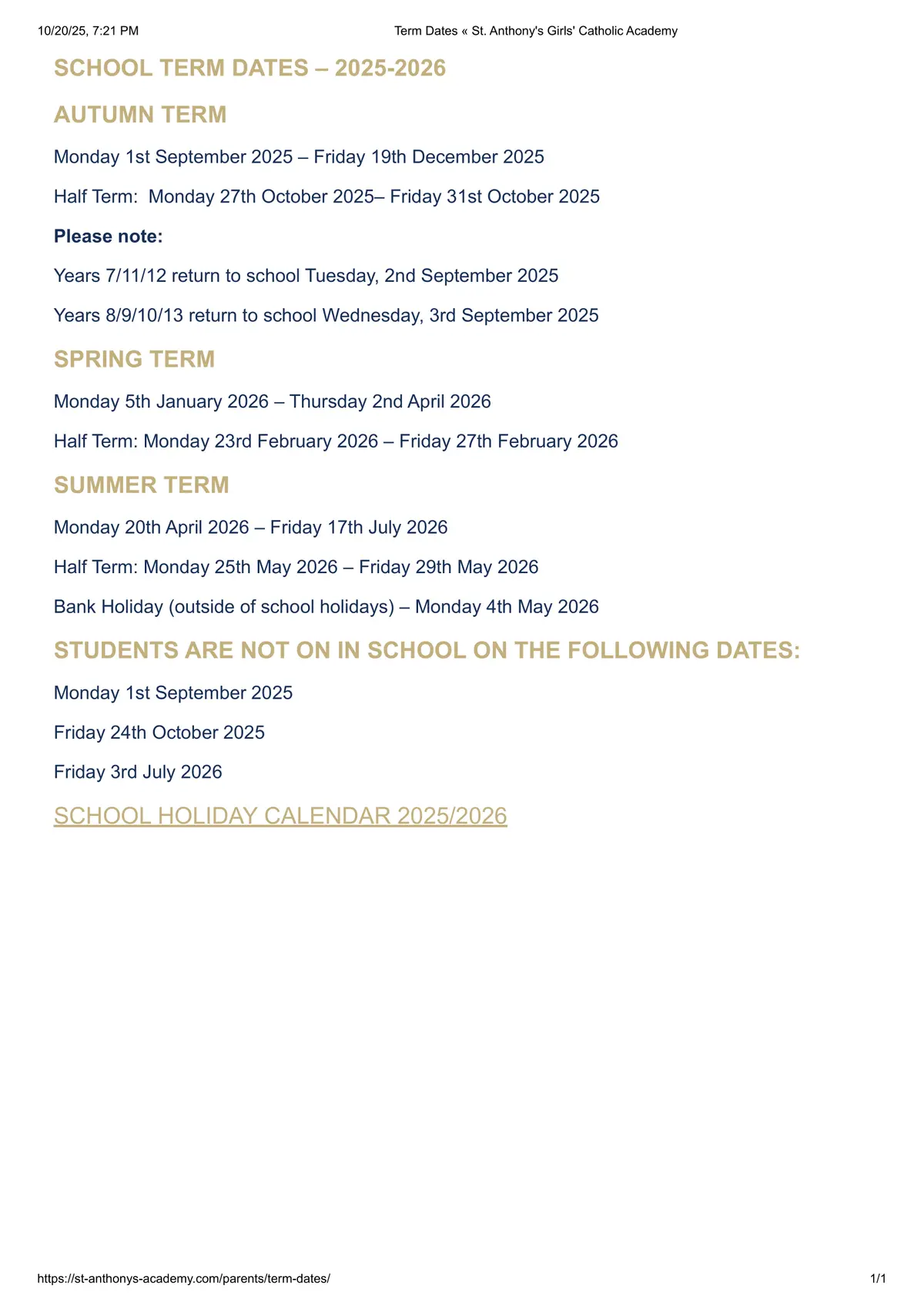 St Anthony's Girls' Catholic Academy term dates