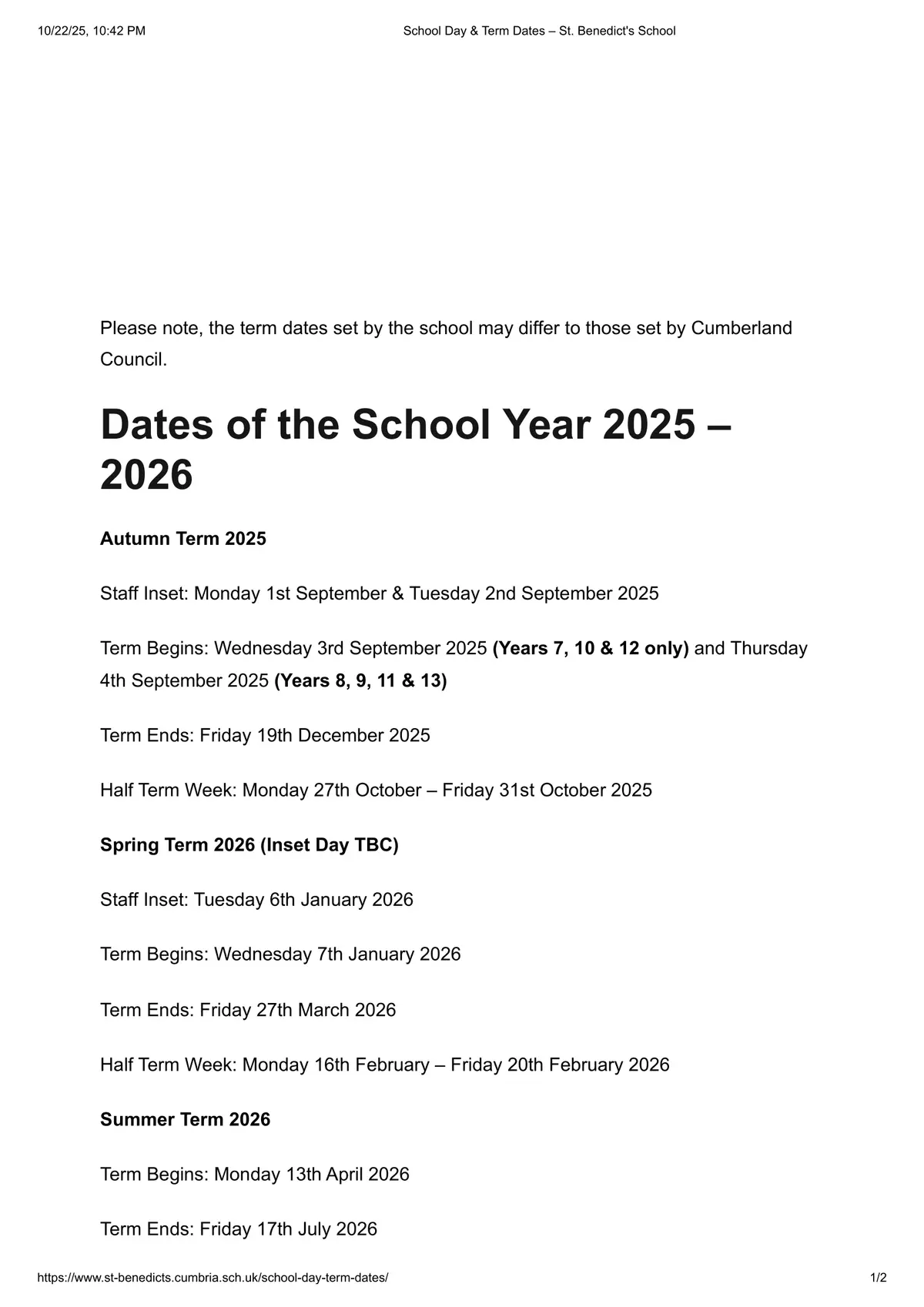 St Benedict's School term dates