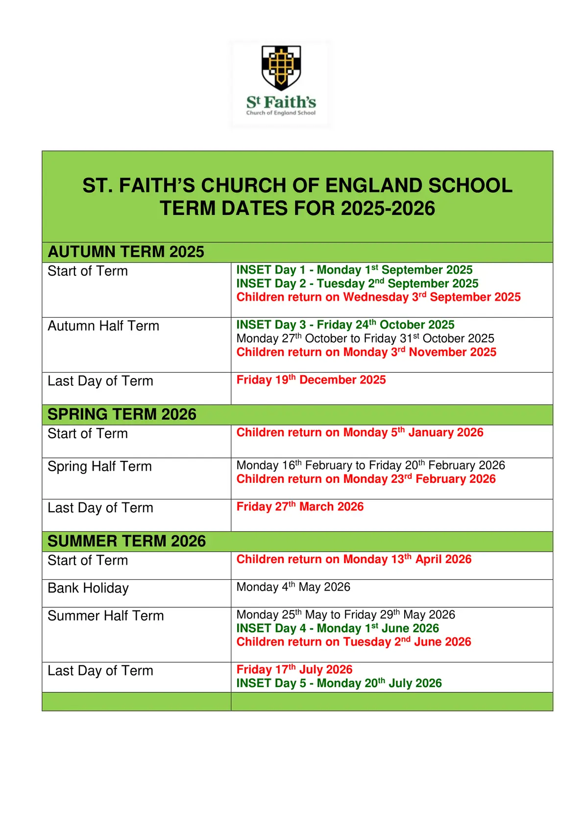 St Faith's School term dates