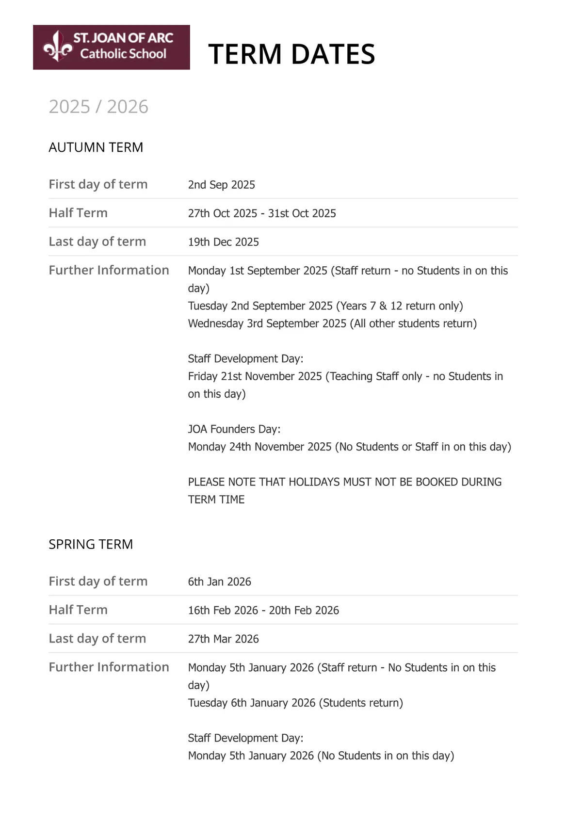 St Joan of Arc RC Primary School term dates
