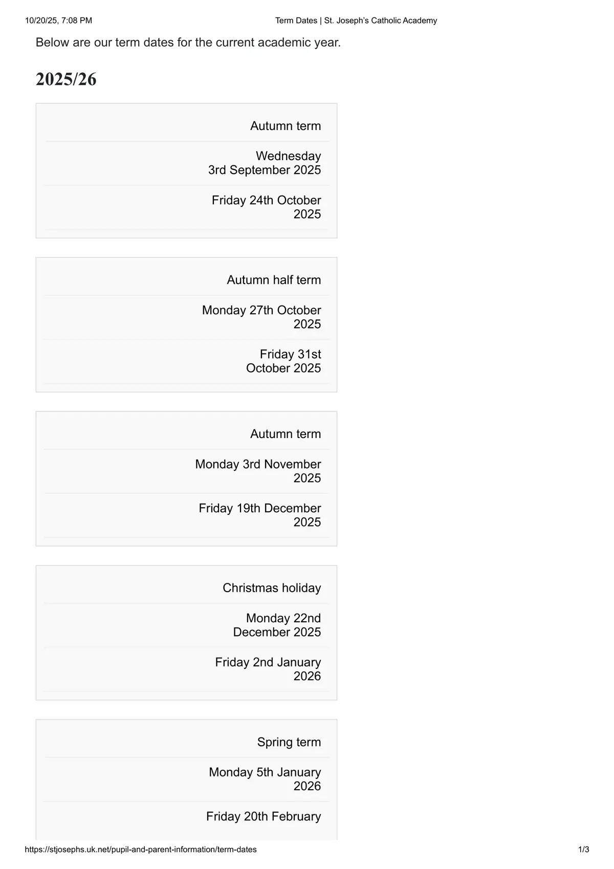 St Joseph's Catholic Academy term dates