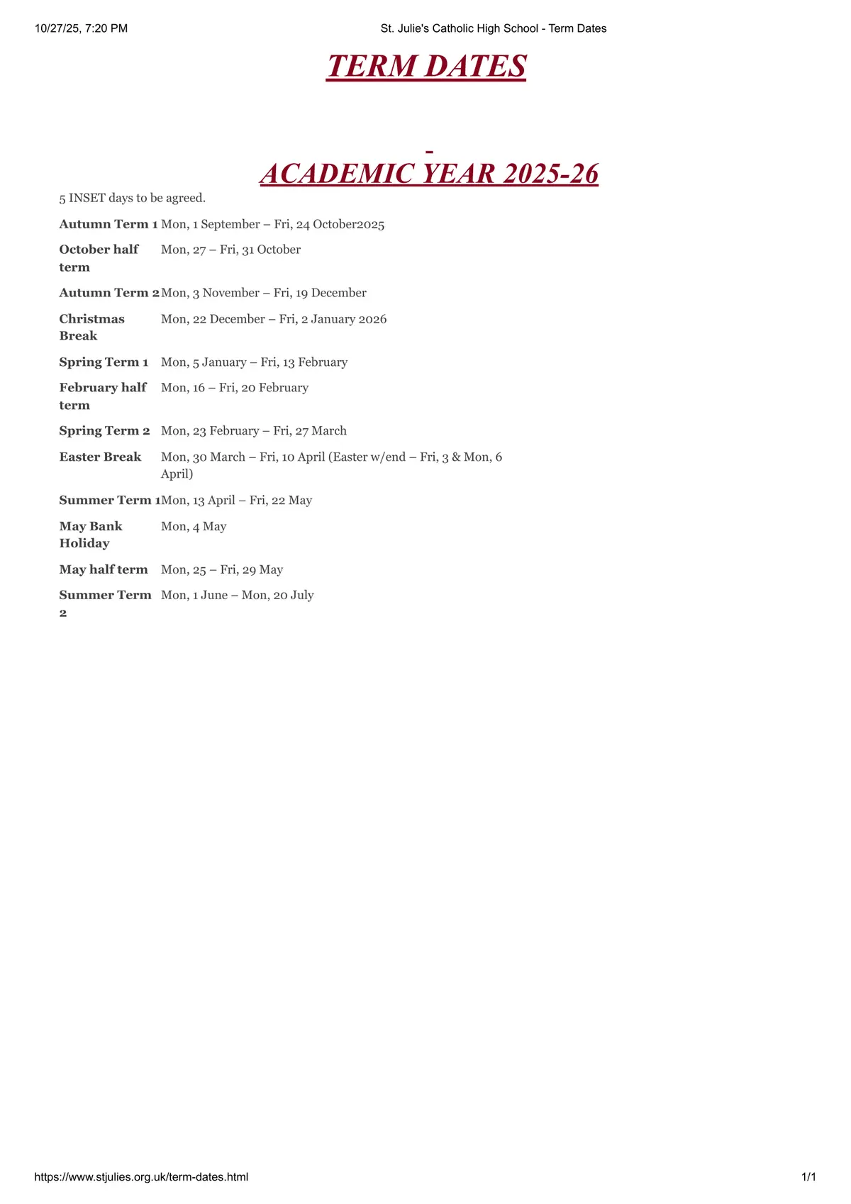 St Julie's Catholic High School term dates