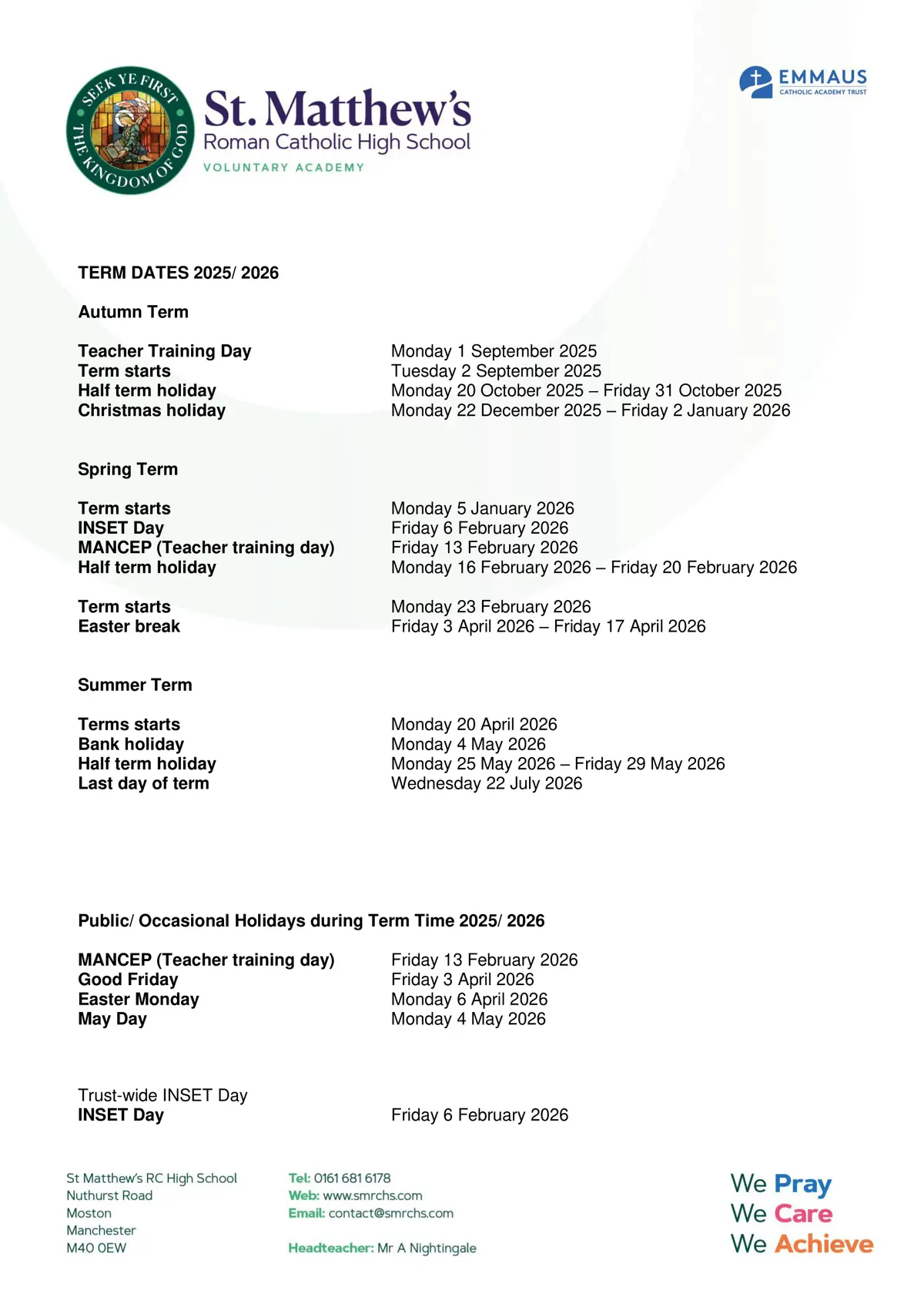 St Matthew's RC High School term dates