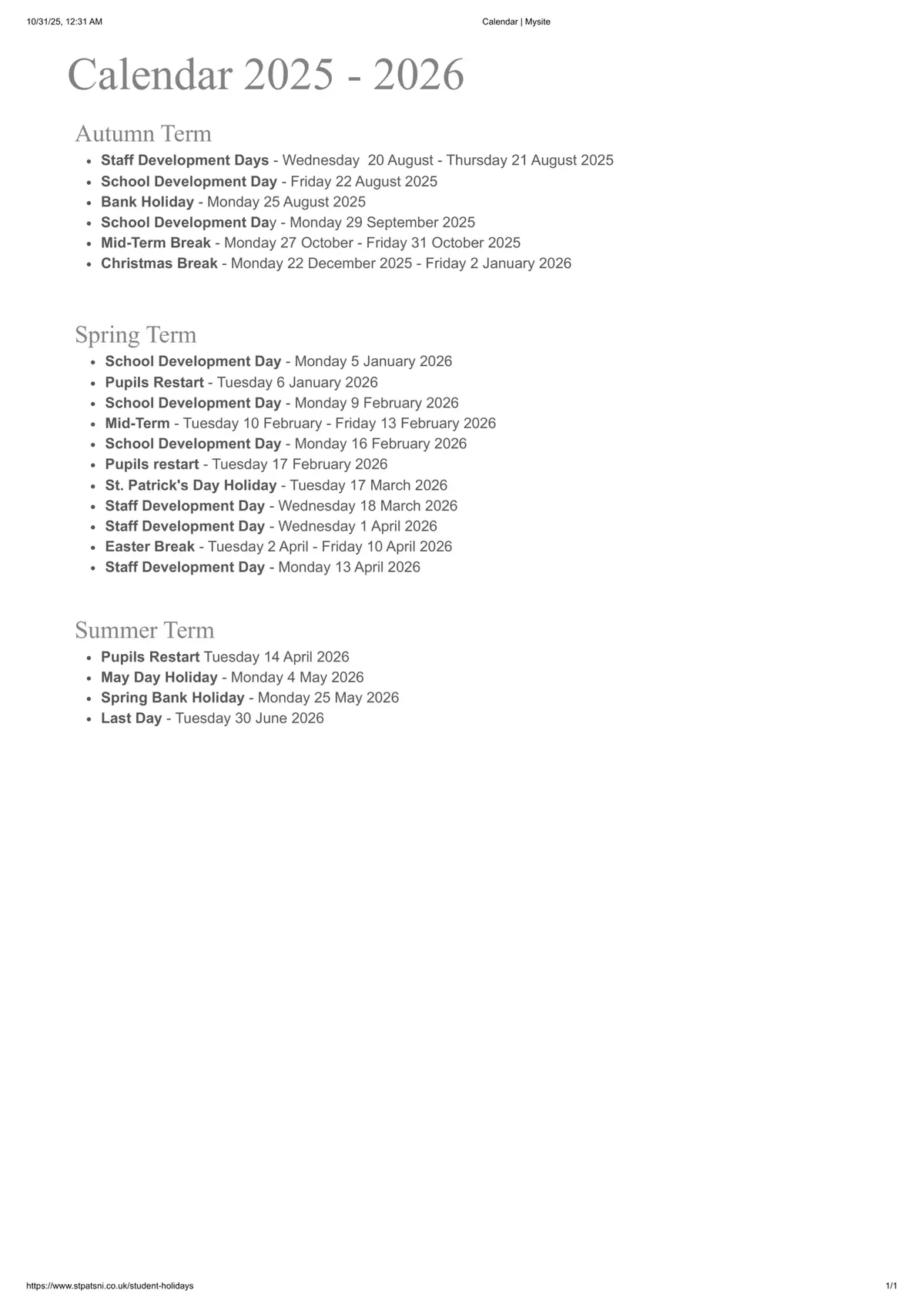 St Patrick's Catholic Voluntary Academy term dates