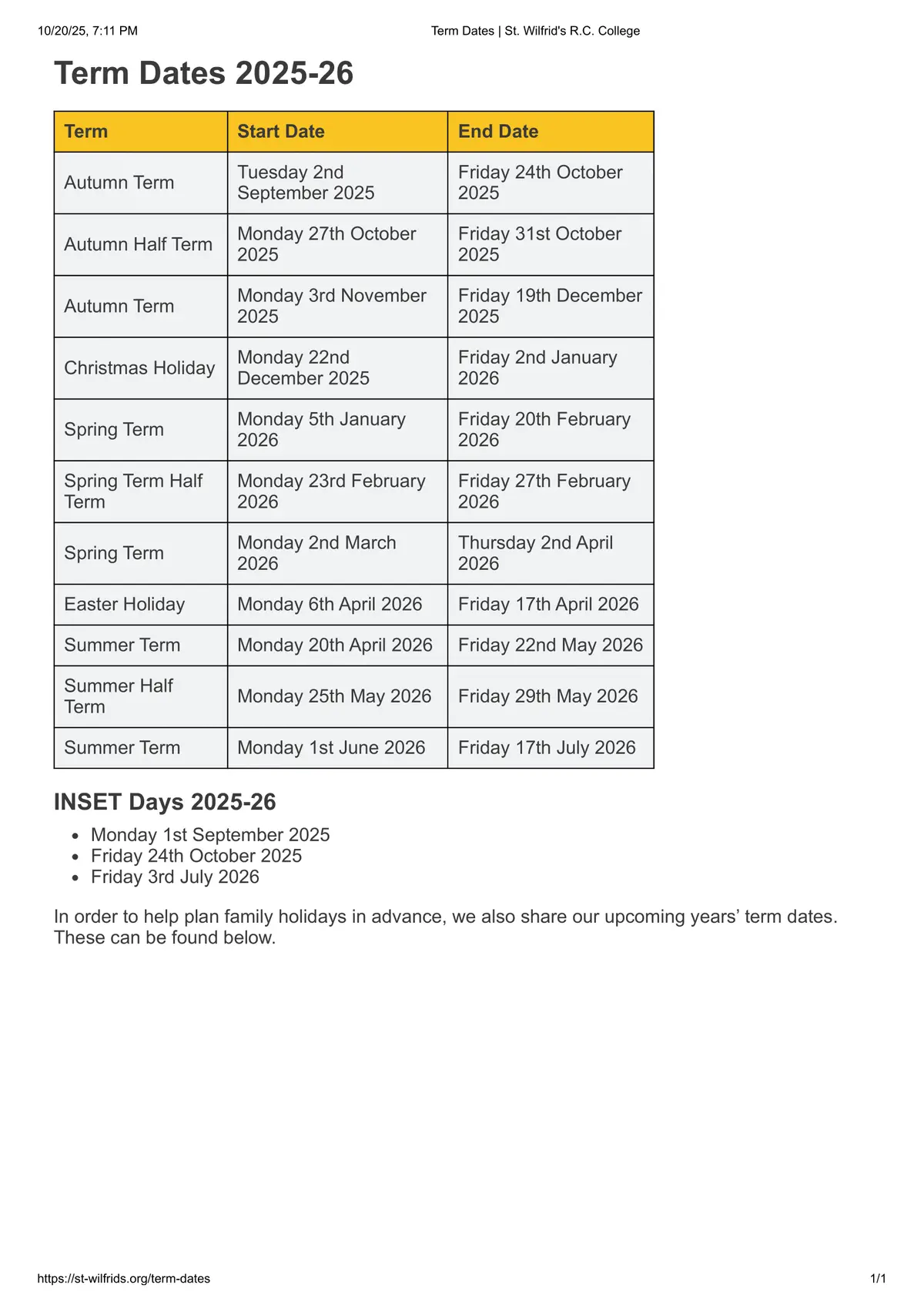 St Wilfrid's RC College term dates
