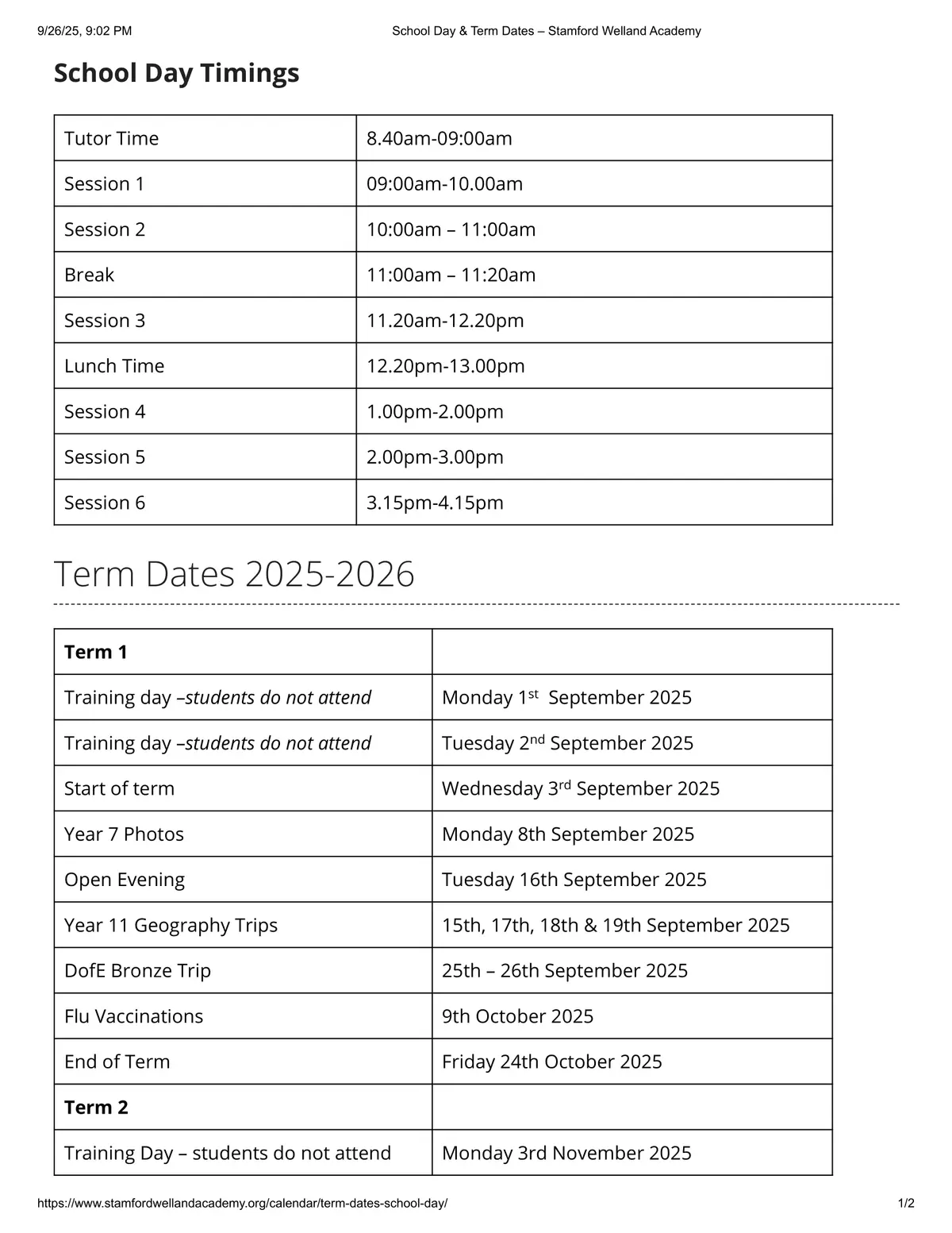 Stamford Welland Academy term dates
