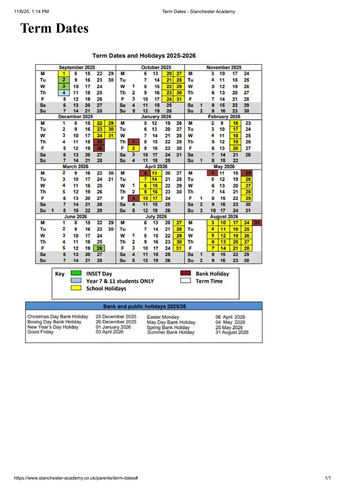 Stanchester Academy term dates