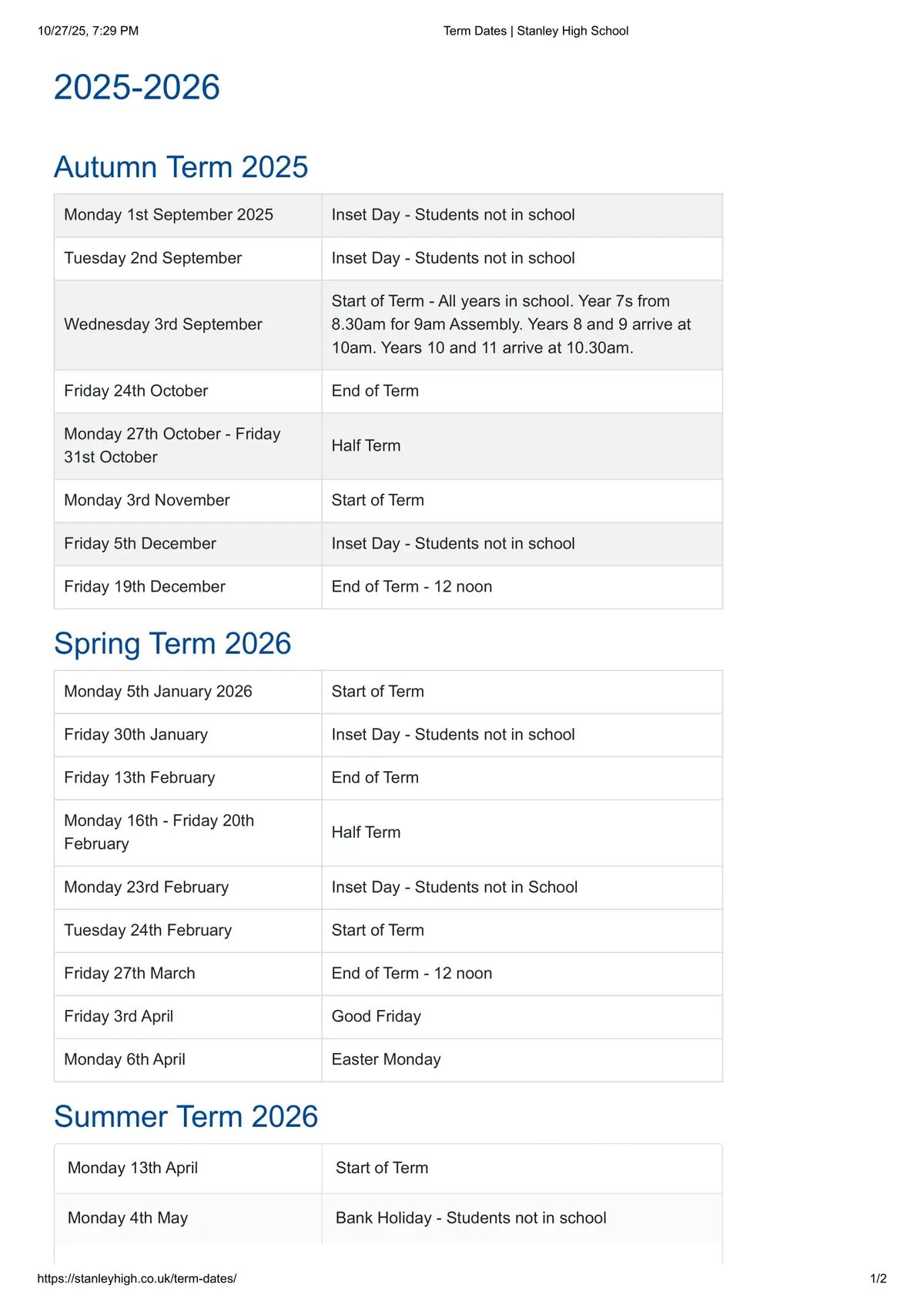Stanley High School term dates