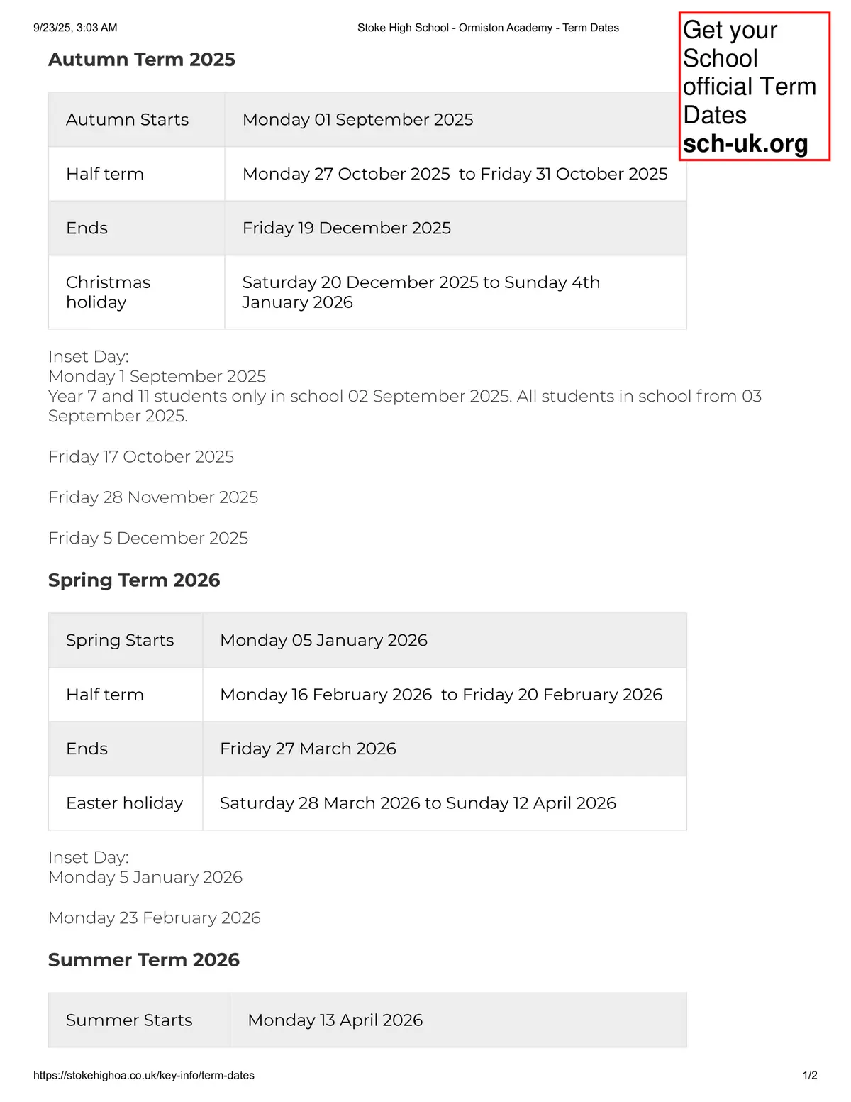 Stoke High School - Ormiston Academy term dates