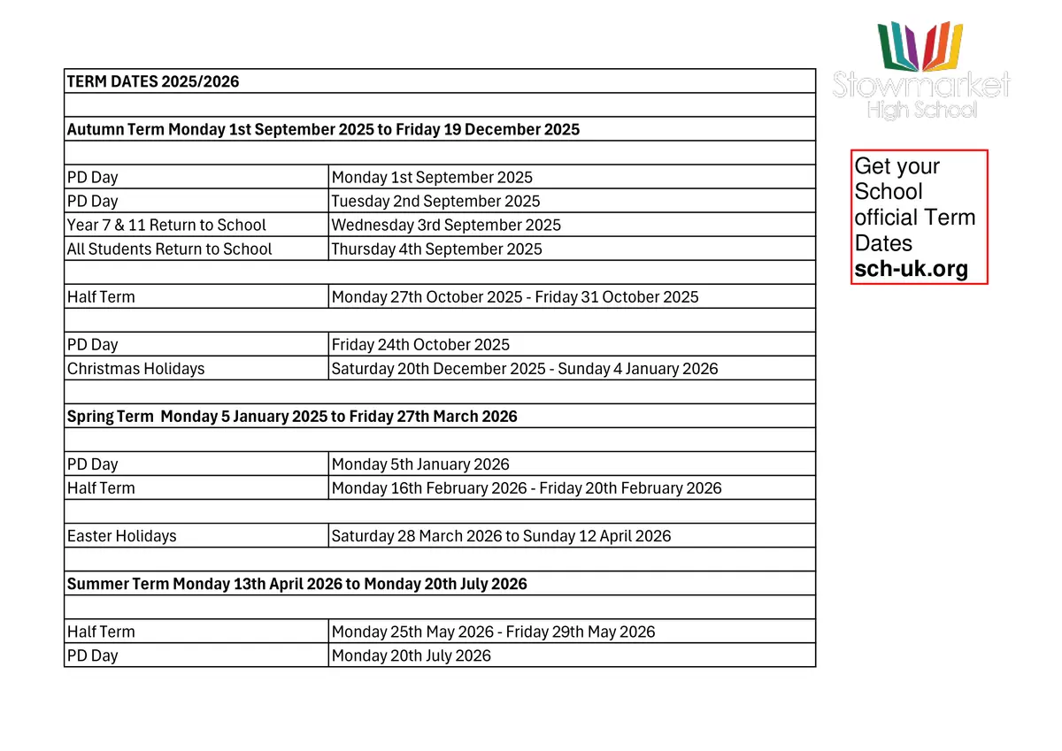 Stowmarket High School term dates