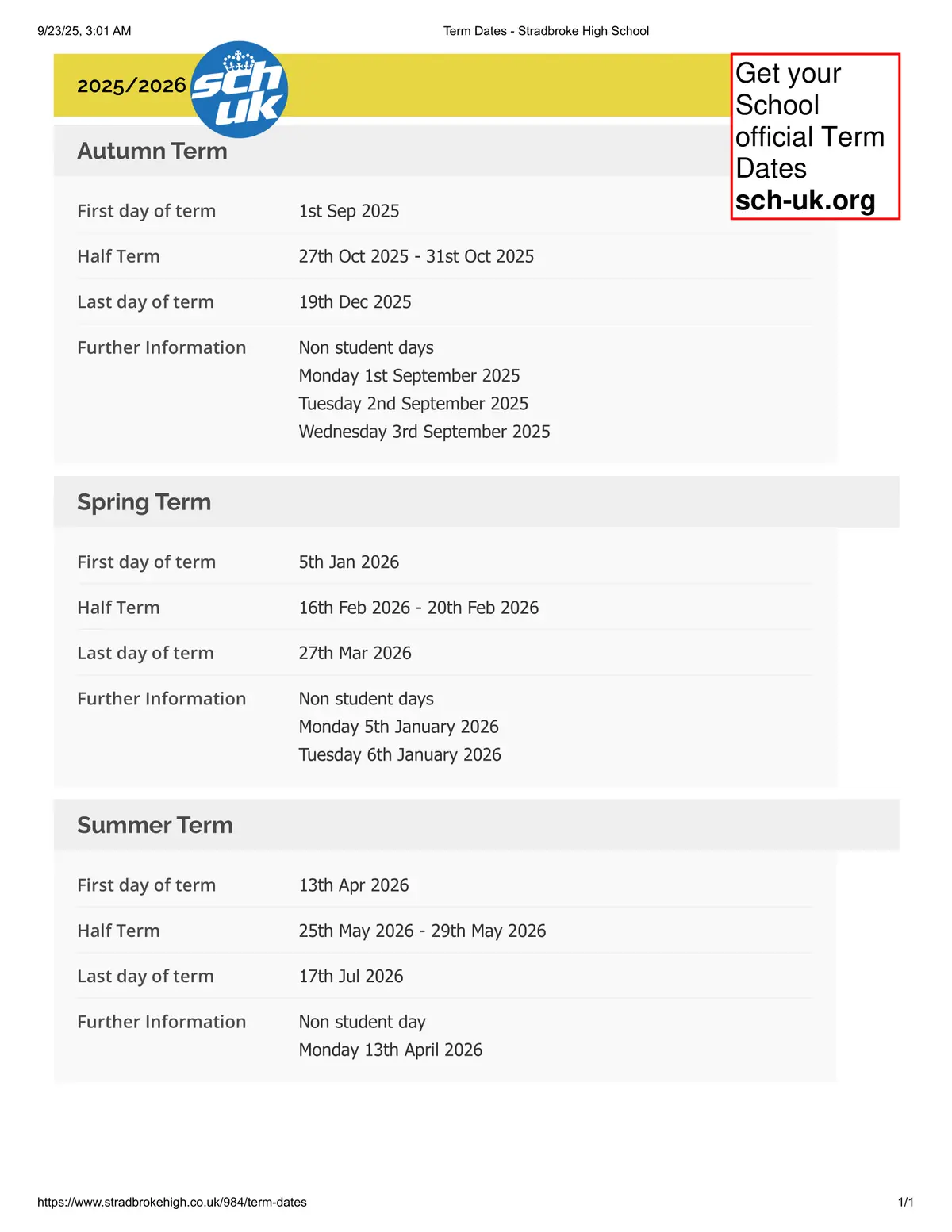 Stradbroke High School term dates