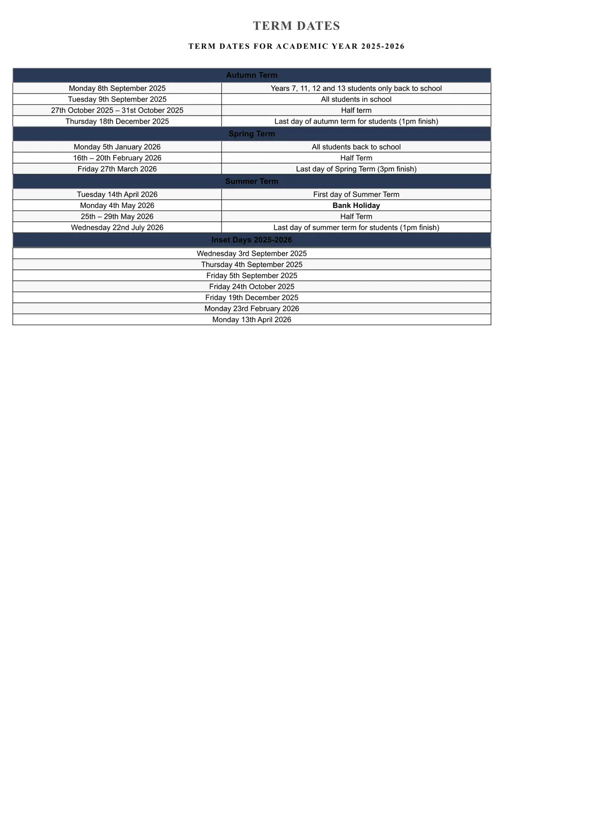 Sturminster Newton High School term dates