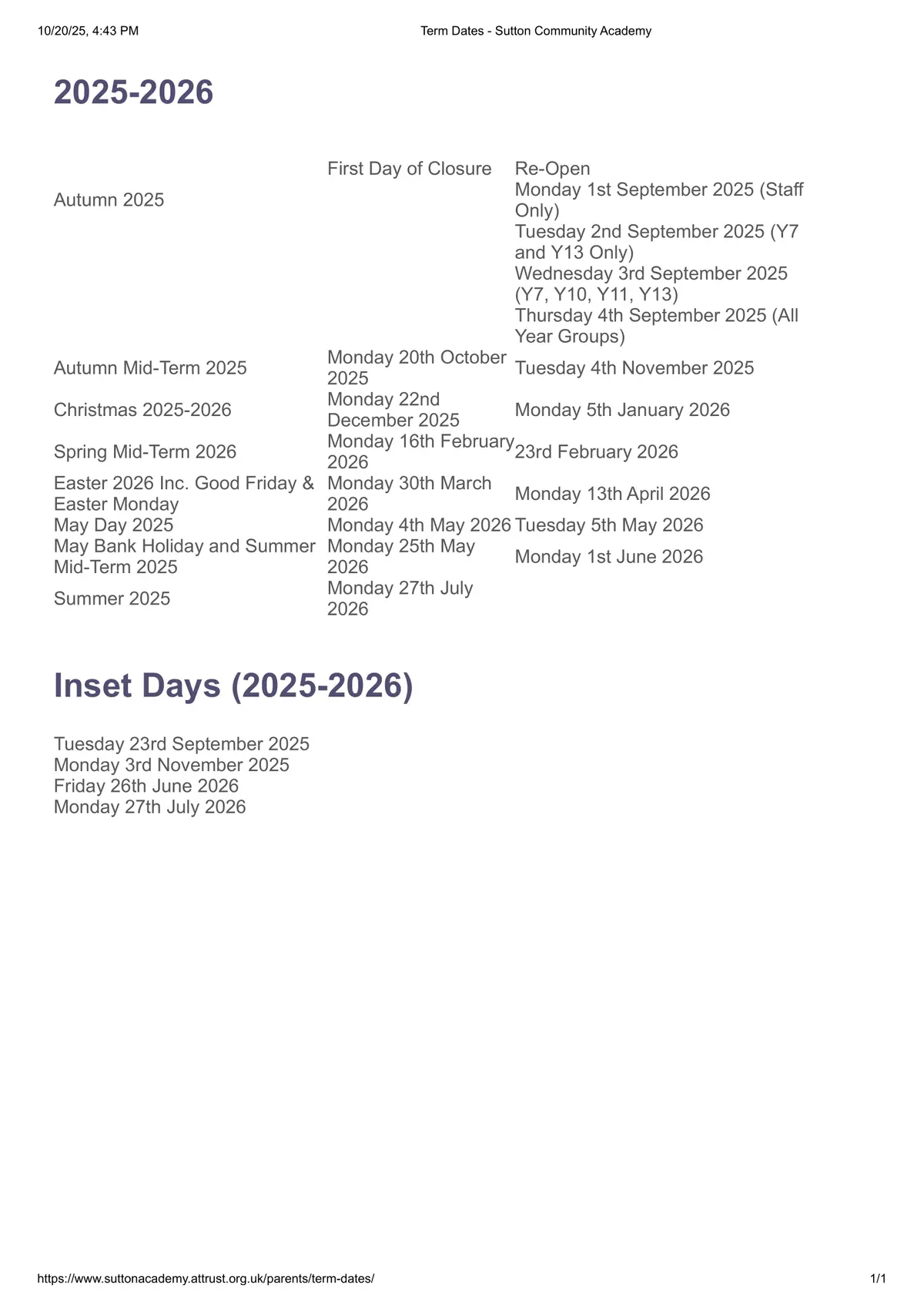 Sutton Community Academy term dates