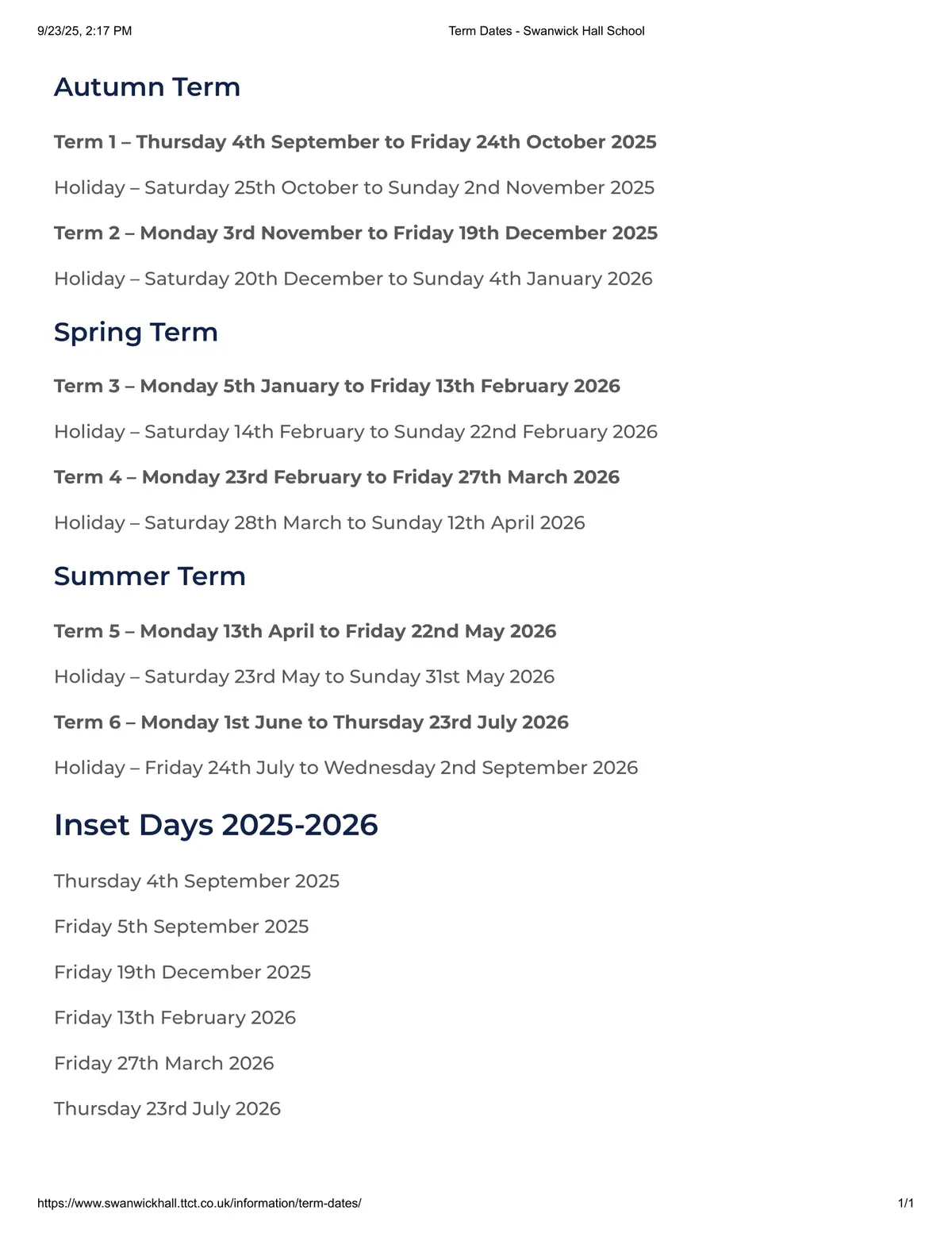Swanwick Hall School term dates