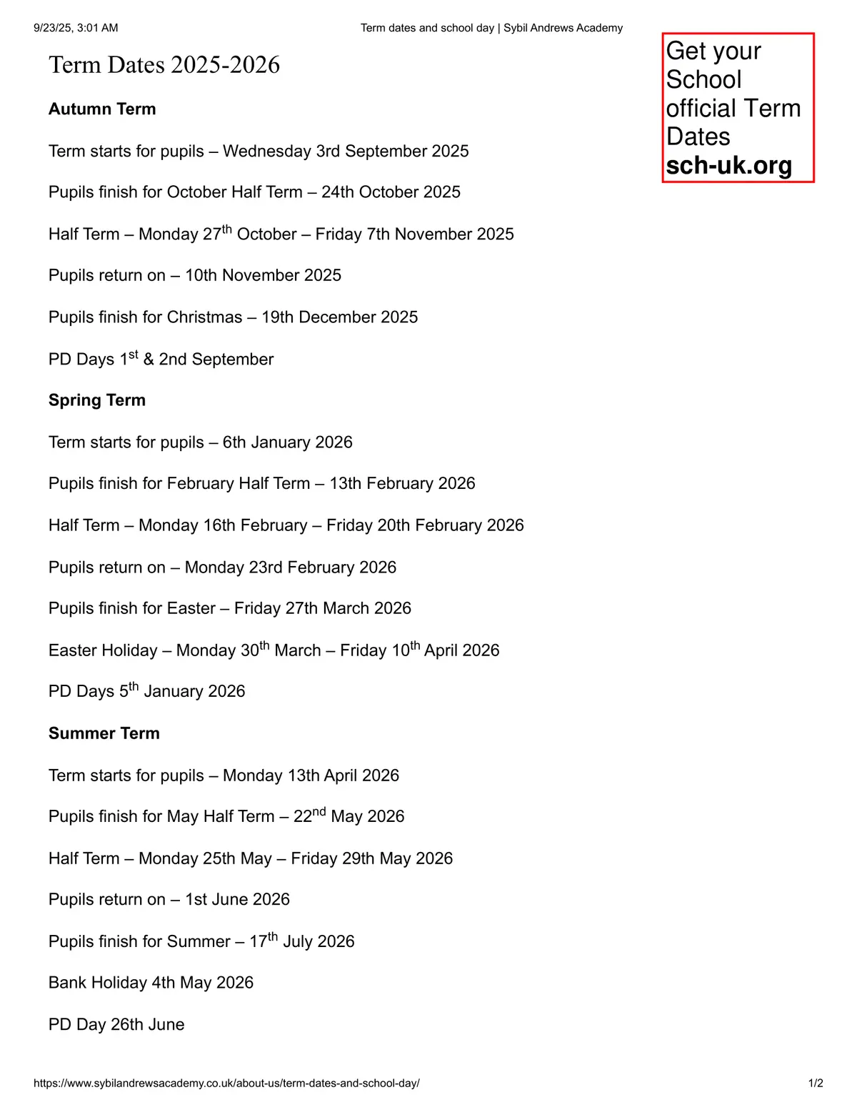 Sybil Andrews Academy term dates