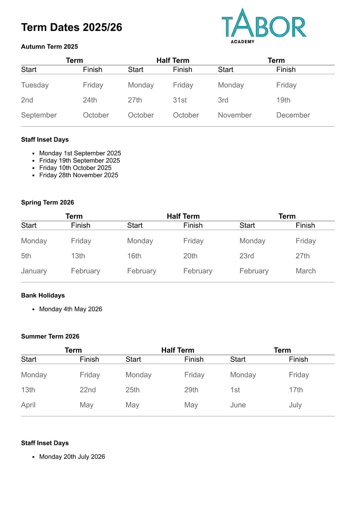 Tabor Academy term dates