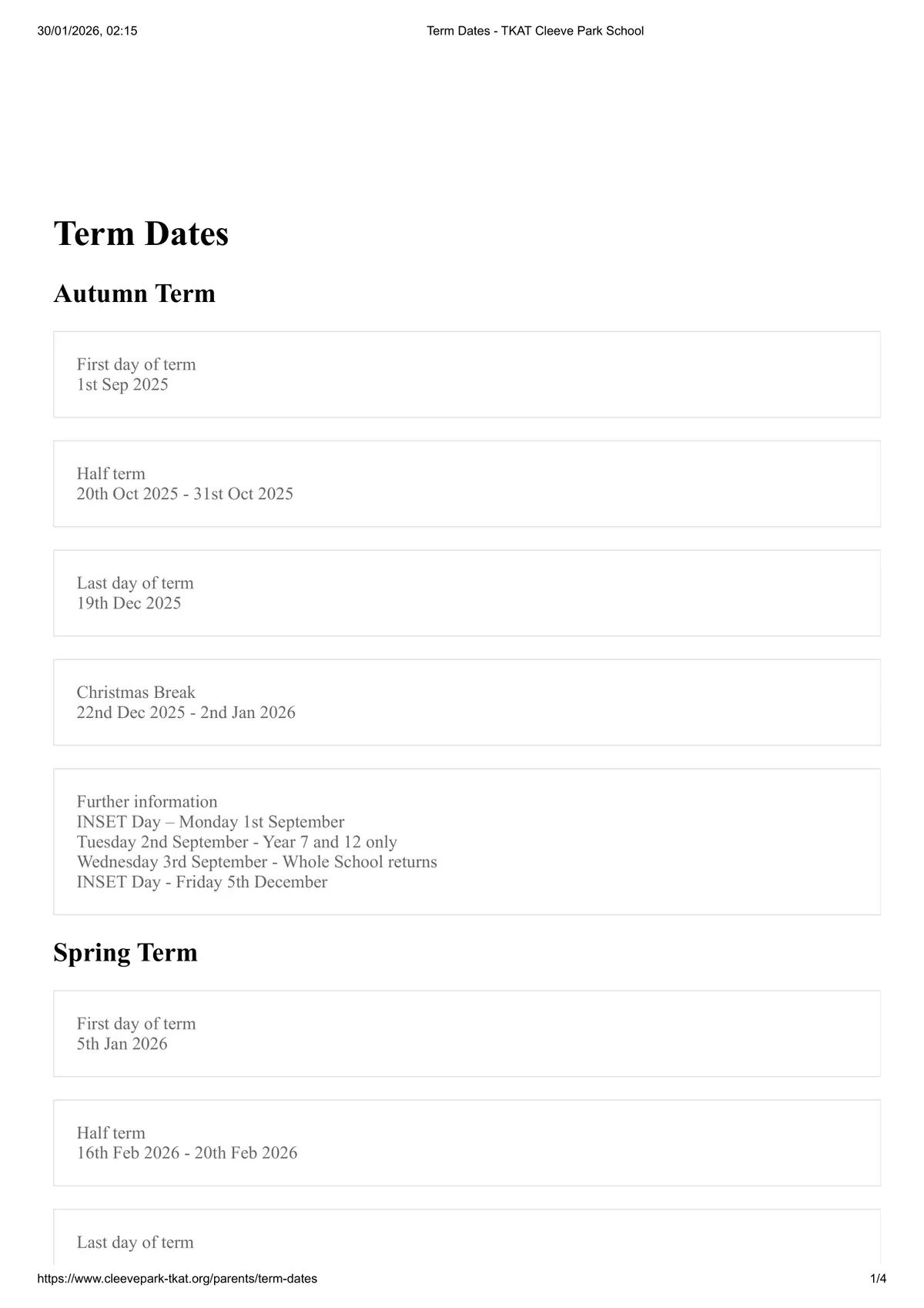 Cleeve Park School term dates