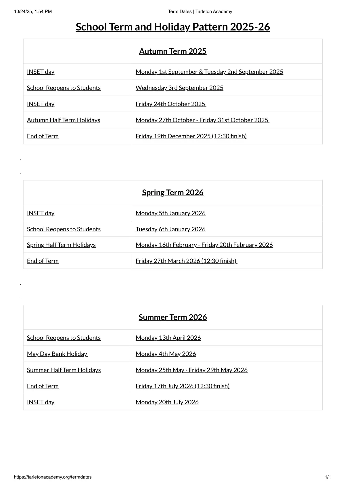 Tarleton Academy term dates