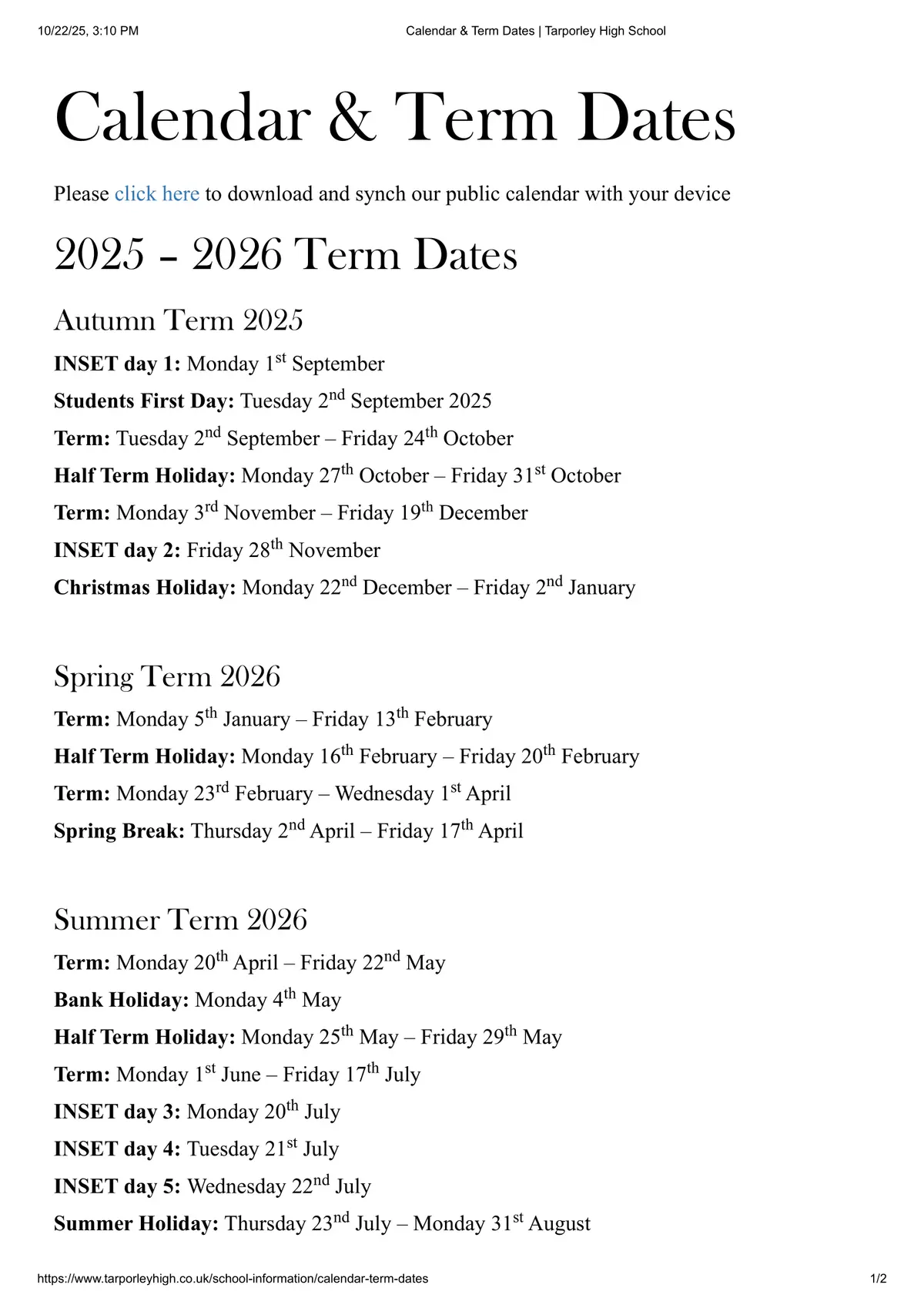 Tarporley High School and Sixth Form College term dates