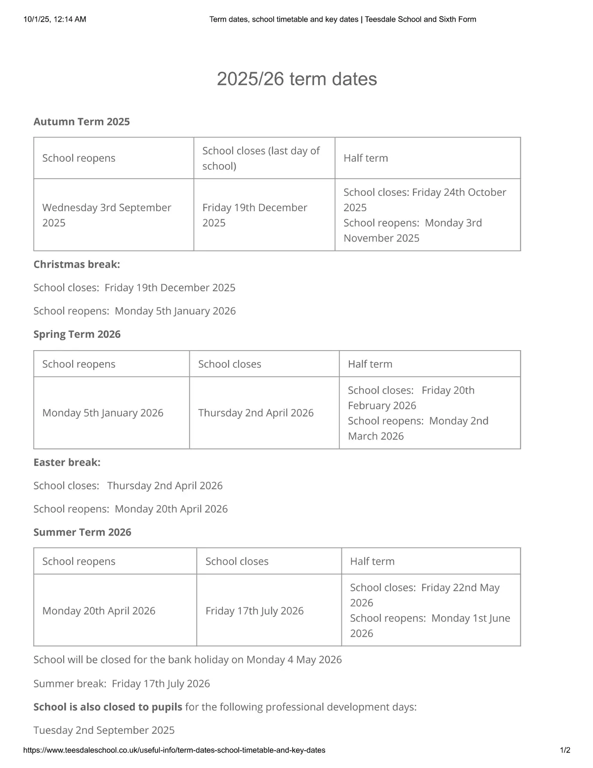 Teesdale School and Sixth Form term dates