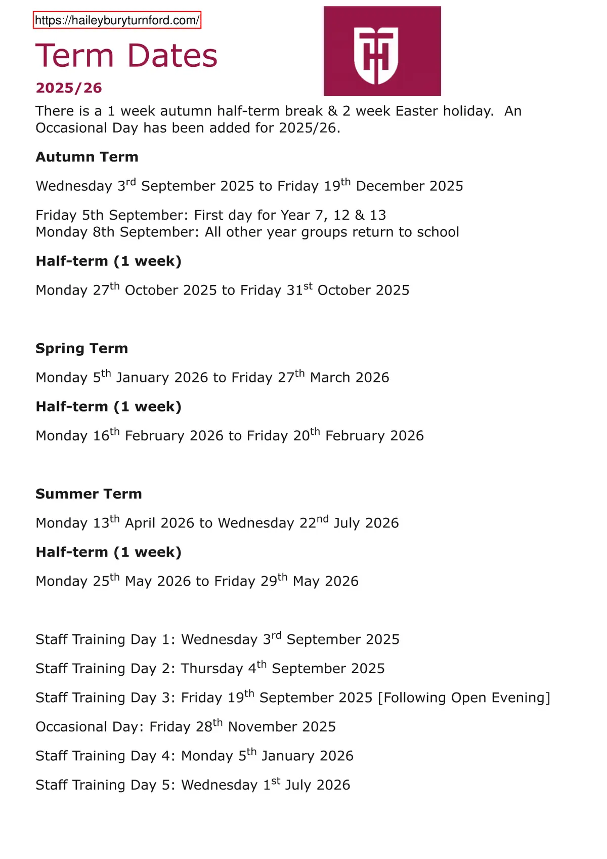 Haileybury Turnford term dates