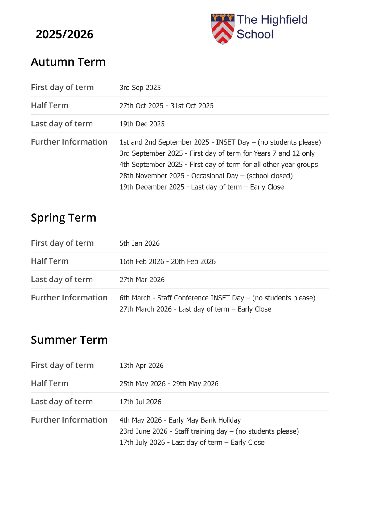 The Highfield School term dates