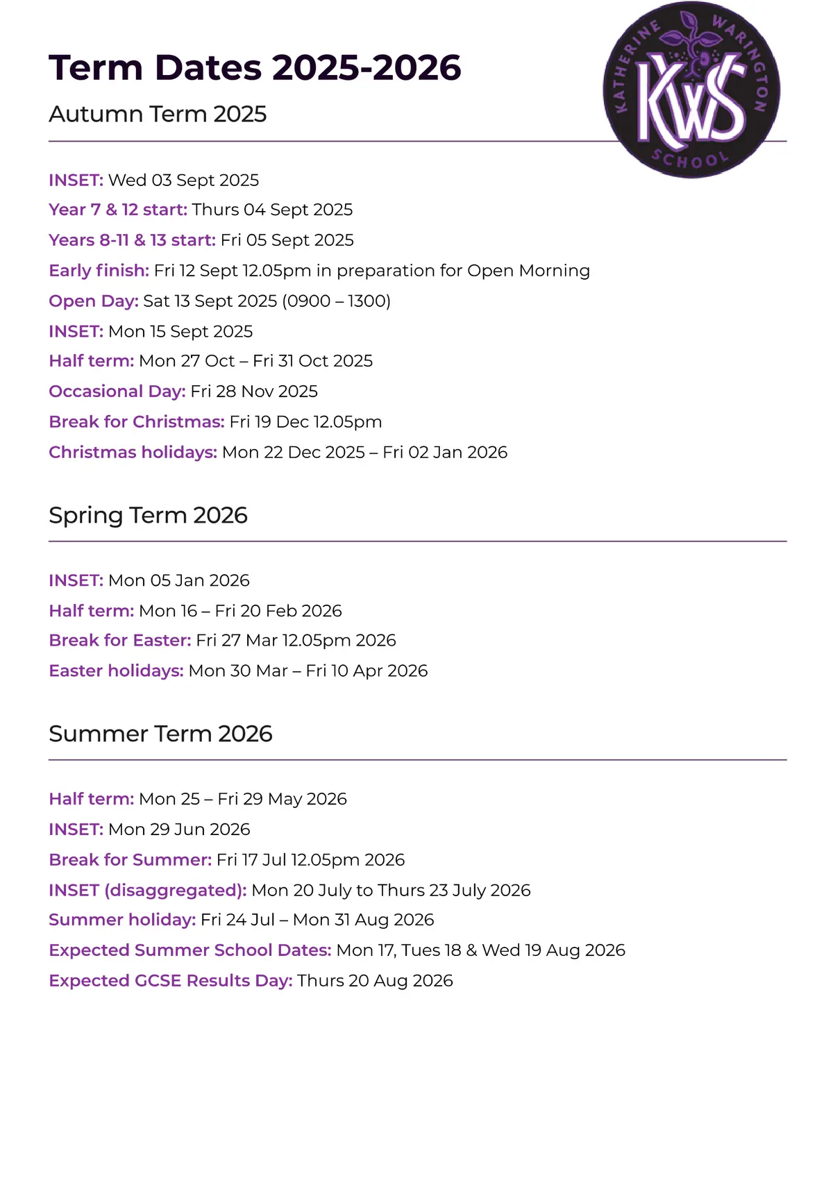 Katherine Warington School term dates