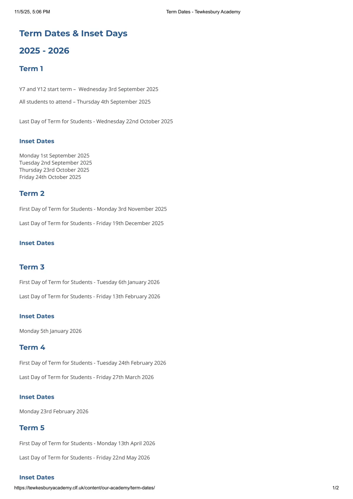 Tewkesbury Academy term dates