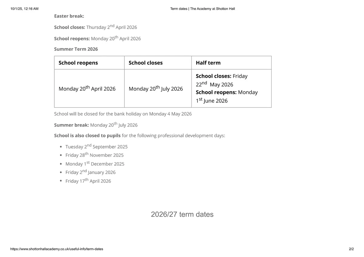 The Academy at Shotton Hall term dates