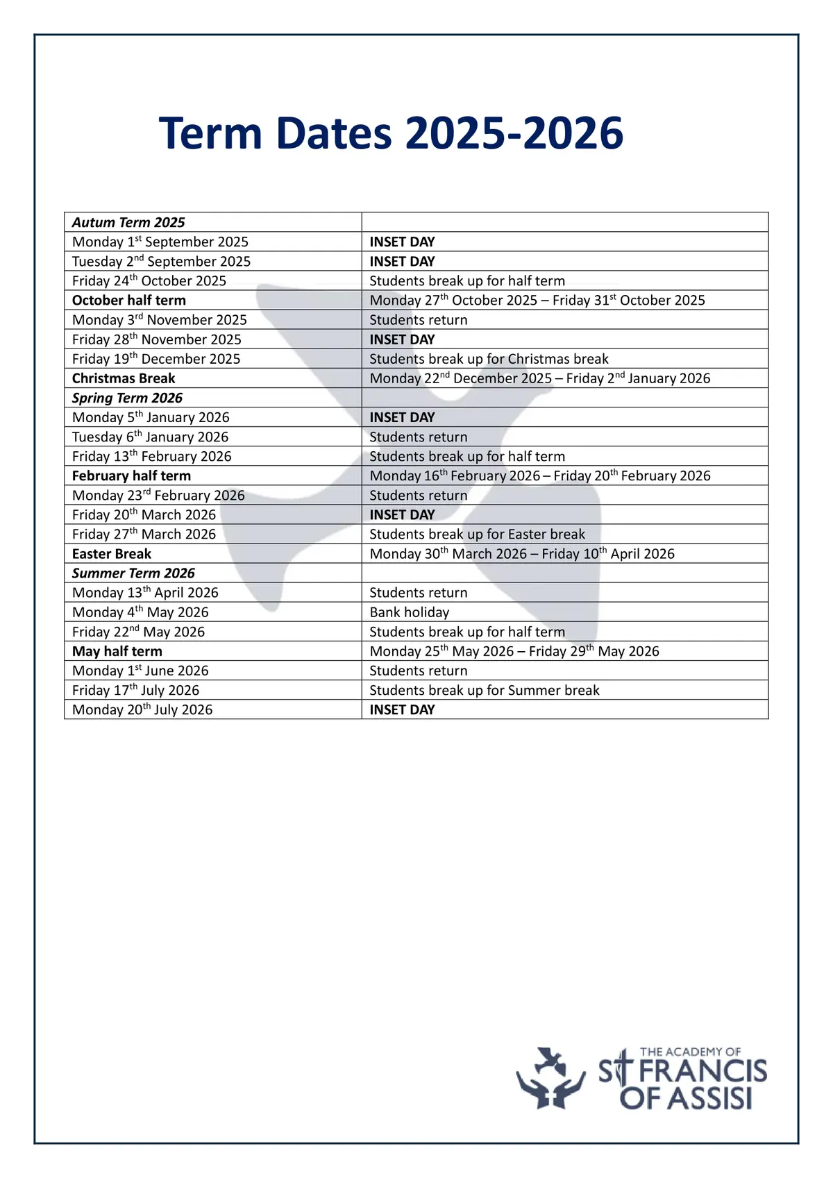 The Academy of St Francis of Assisi term dates