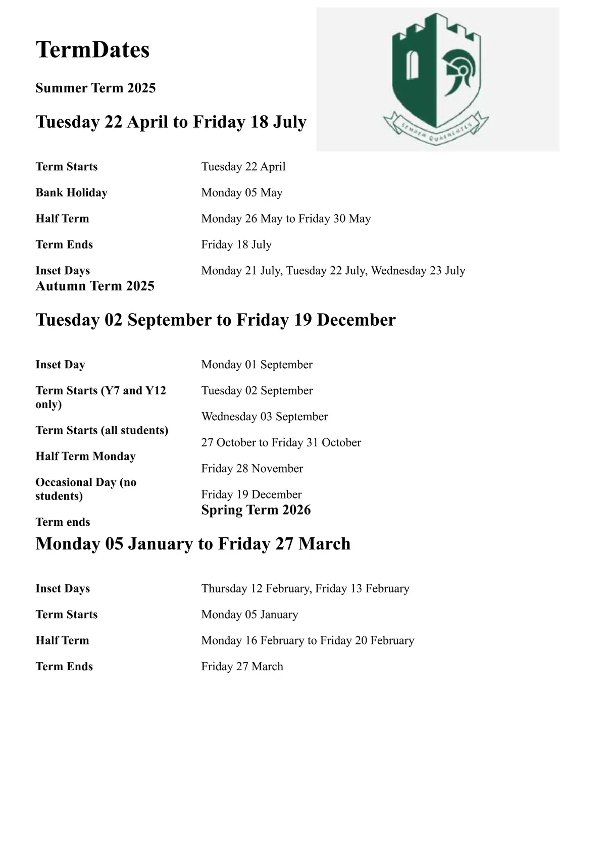 The Adeyfield Academy term dates